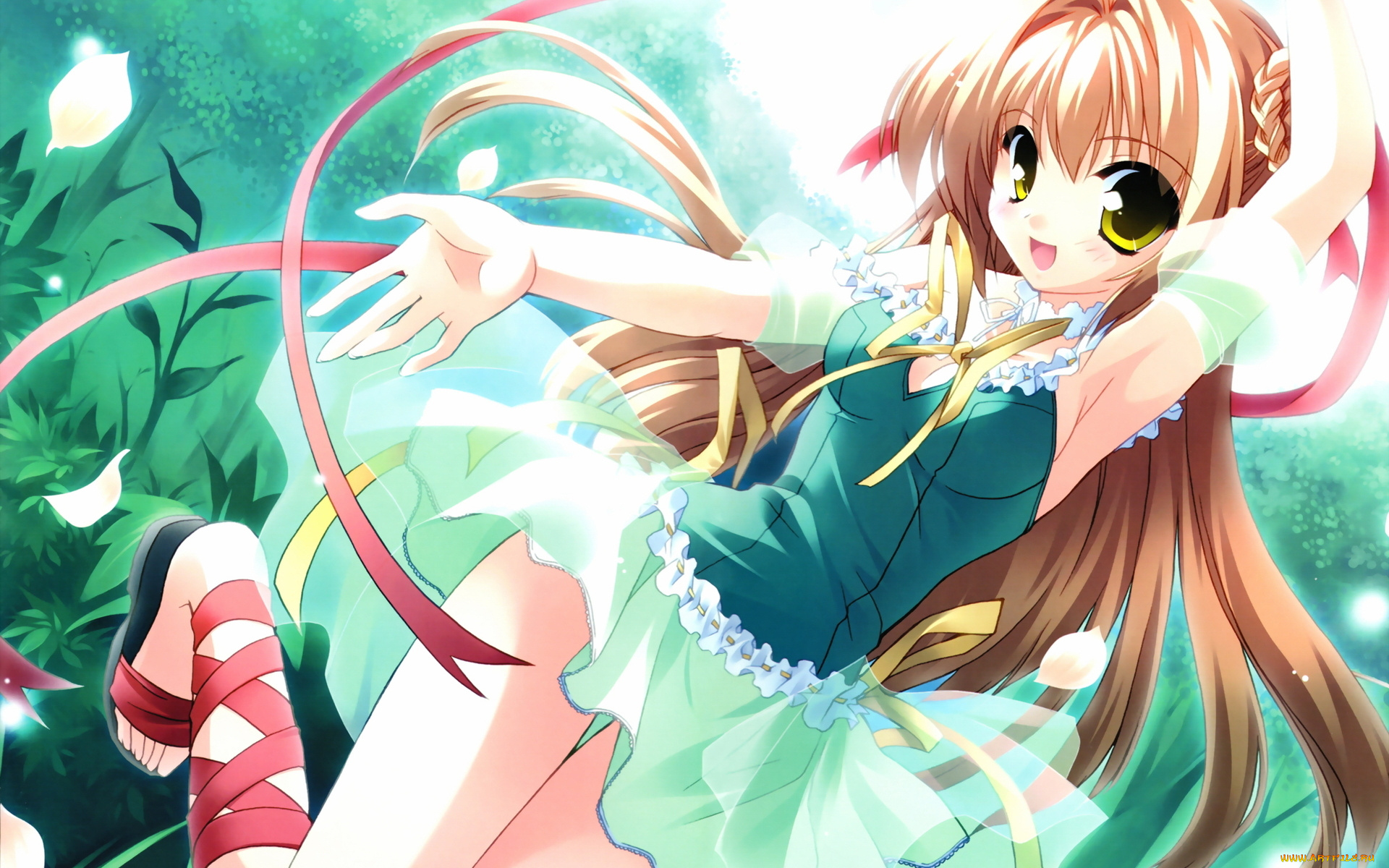 аниме, lotus, трава, платье, ленточки, девушка, лепестки