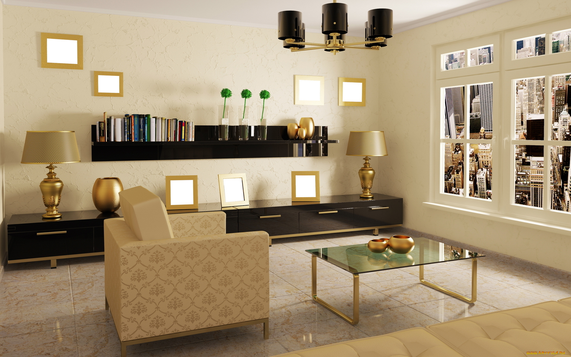 интерьер, гостиная, окно, дизайн, комната, лампа, картины, кресло, стол