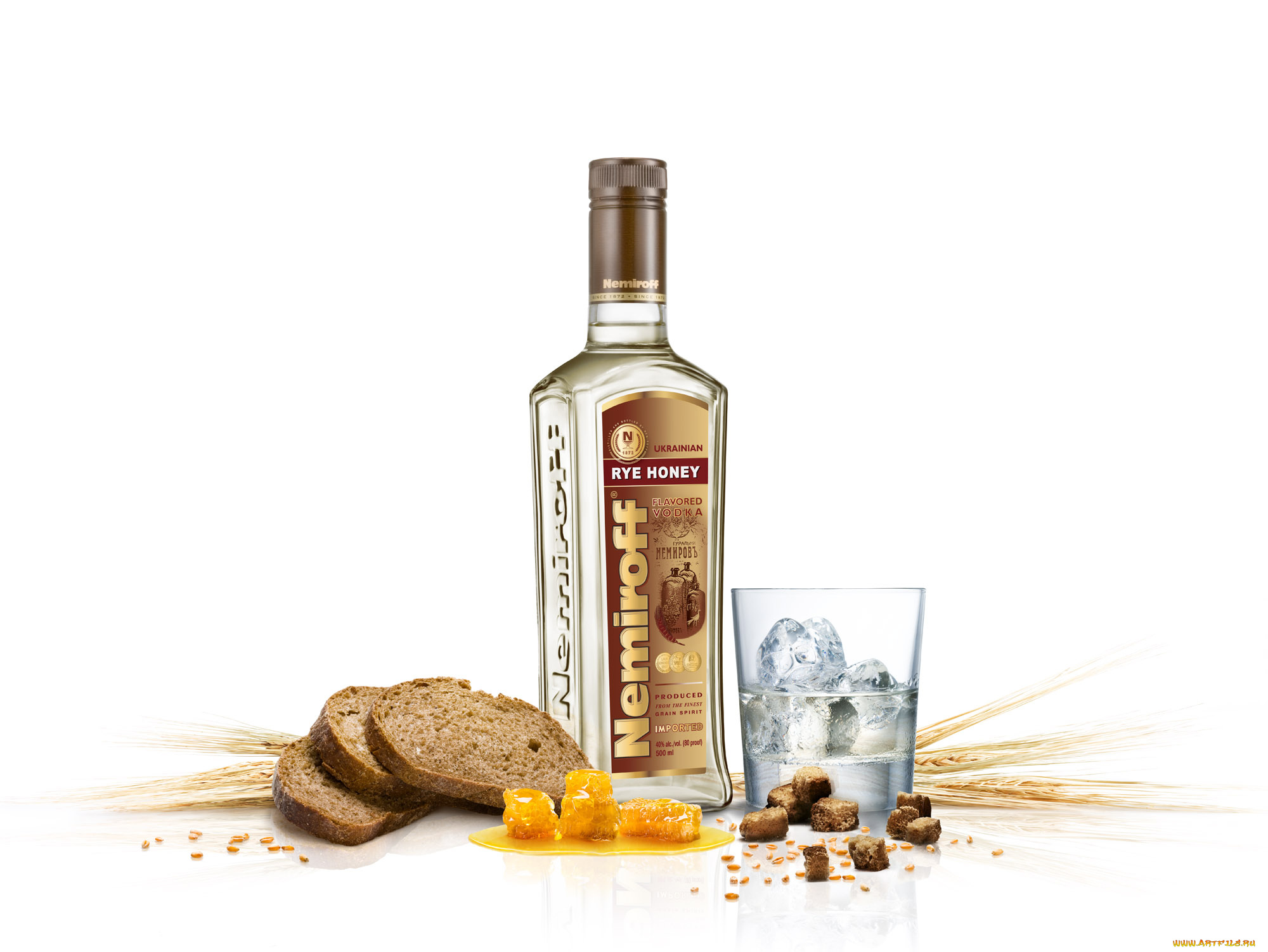 бренды, nemiroff, стакан, водка, хлеб, мед, лед, колоски