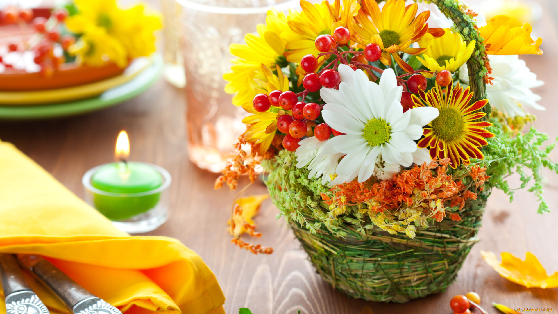 цветы, букеты, композиции, хризантемы, корзинка, сервировка