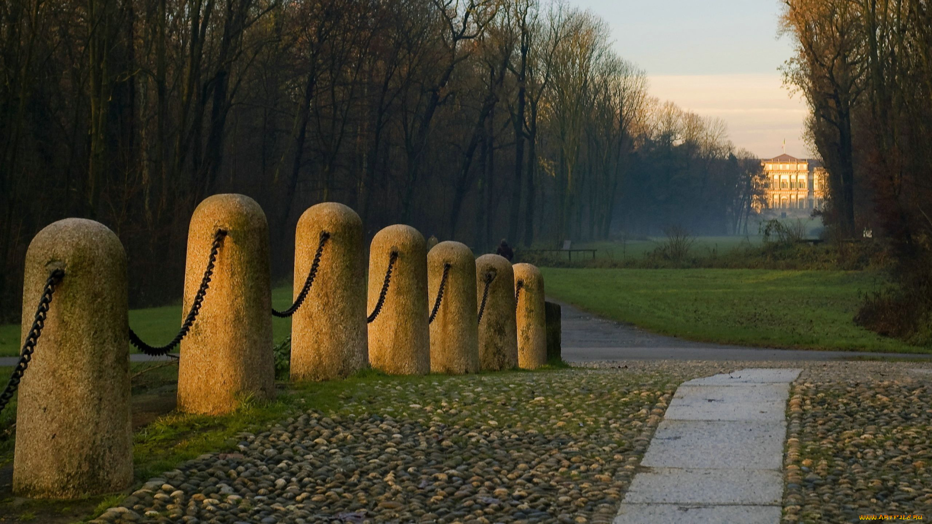 дорога, дому, природа, дороги, цепь, столбики