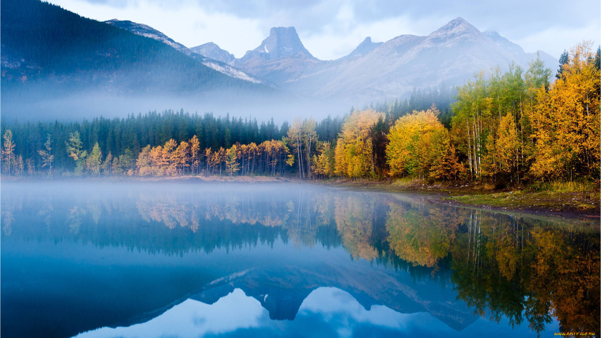 природа, реки, озера, лес, вершины, гладь, отражение, осень, озеро