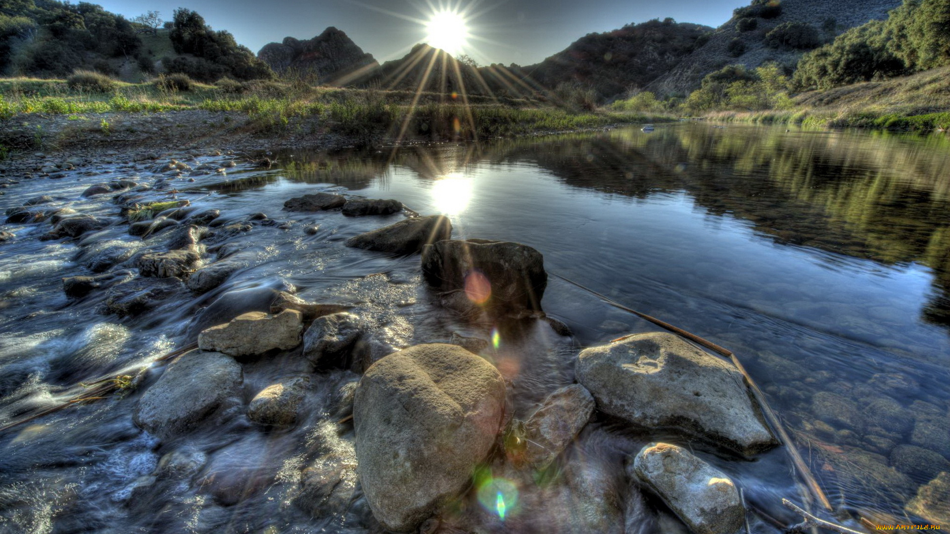 природа, восходы, закаты, камни, река