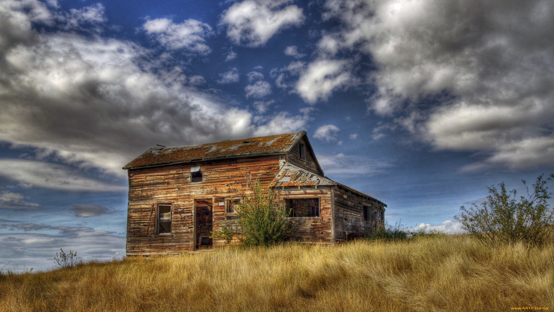 разное, развалины, руины, металлолом, небо, поле, дом, пейзаж, hdr