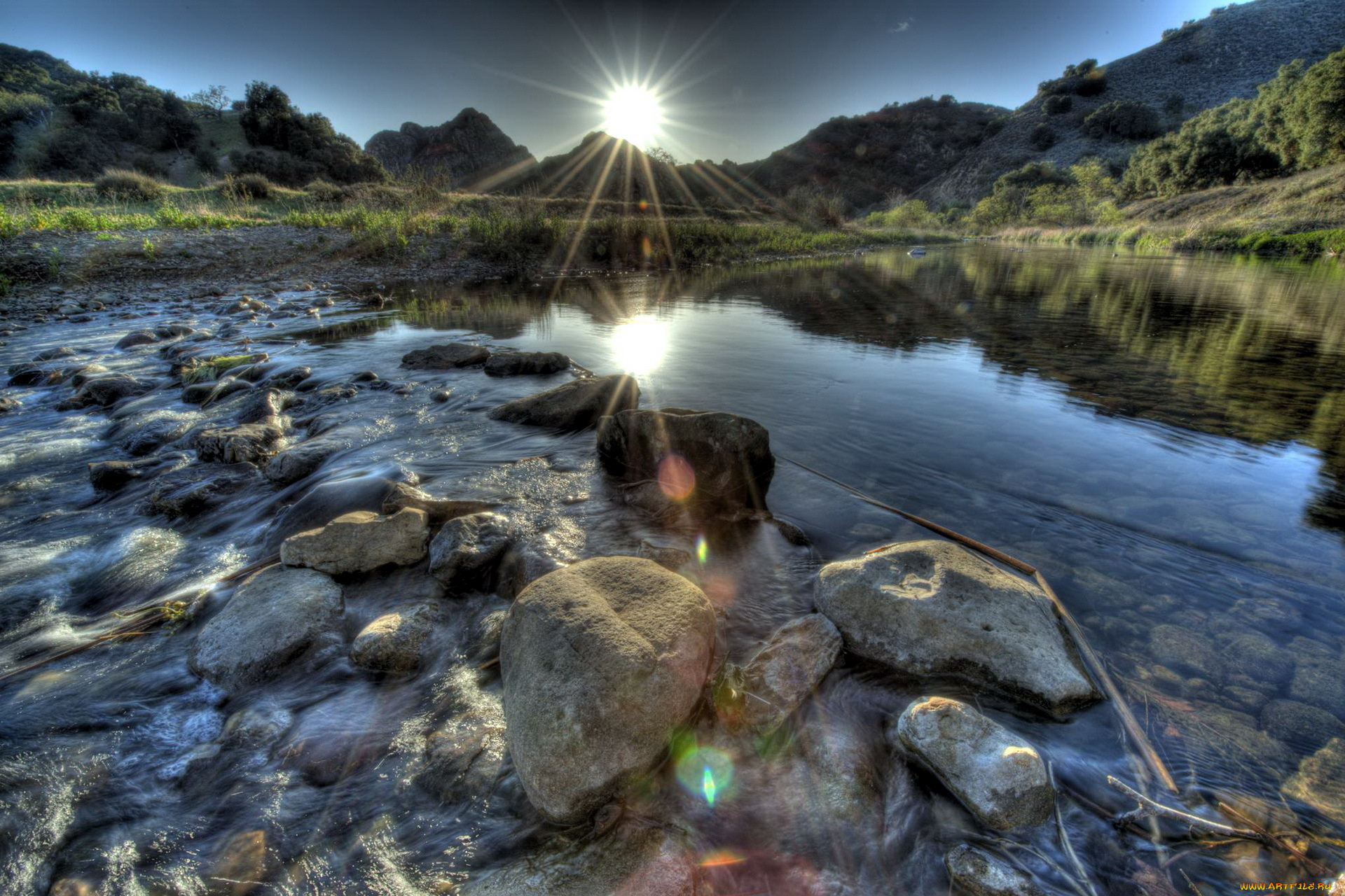 природа, восходы, закаты, камни, река