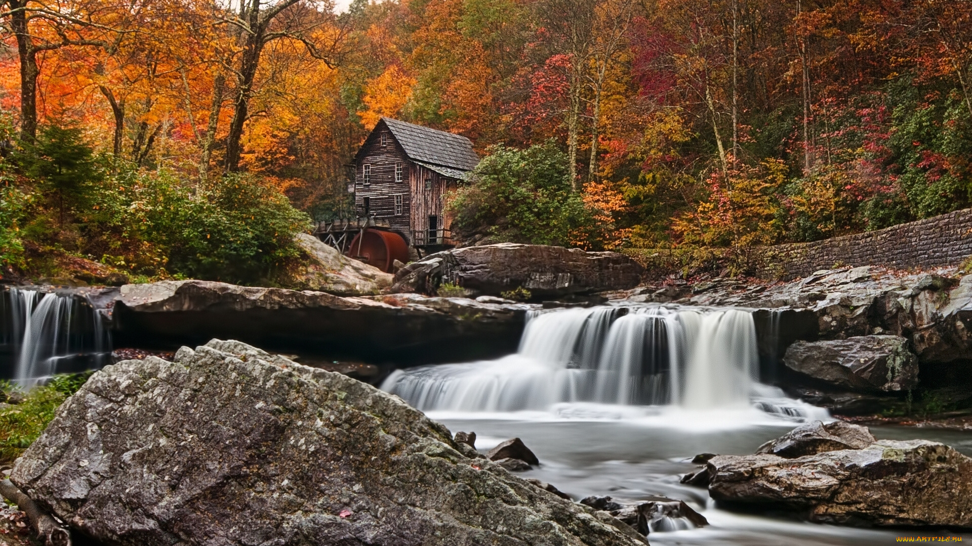 glade, creek, grist, mill, babcock, state, park, west, virginia, usa, природа, реки, озера, new, river, река, мельница, лес, осень, камни