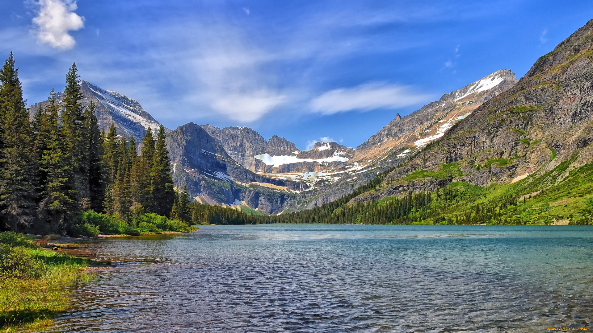 lake, josephine, glacier, national, park, montana, природа, реки, озера, горы, монтана, глейшер, озеро, жозефина, mount, gould