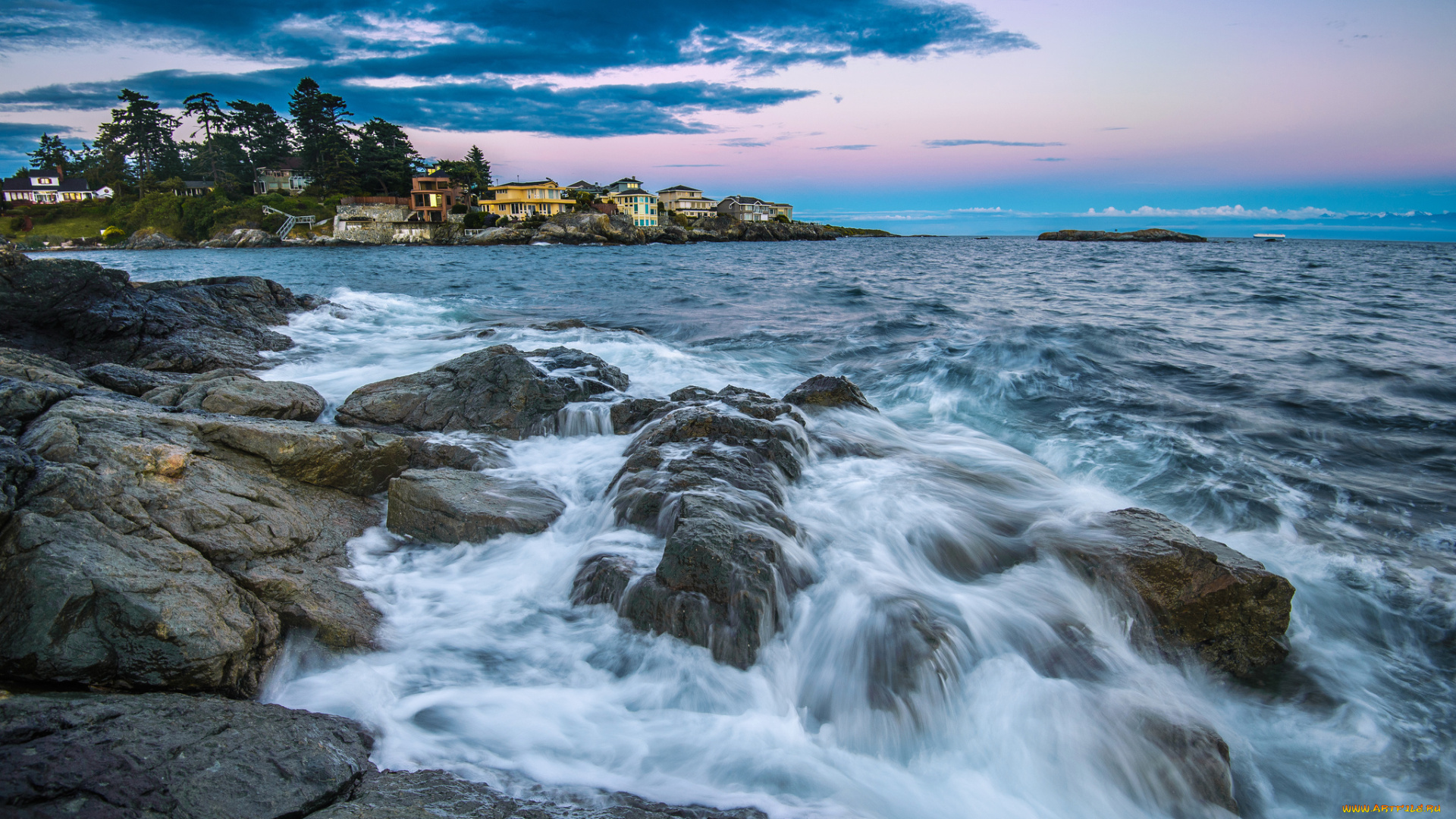 природа, побережье, океан, бухта, камни, волны, тучи, горизонт