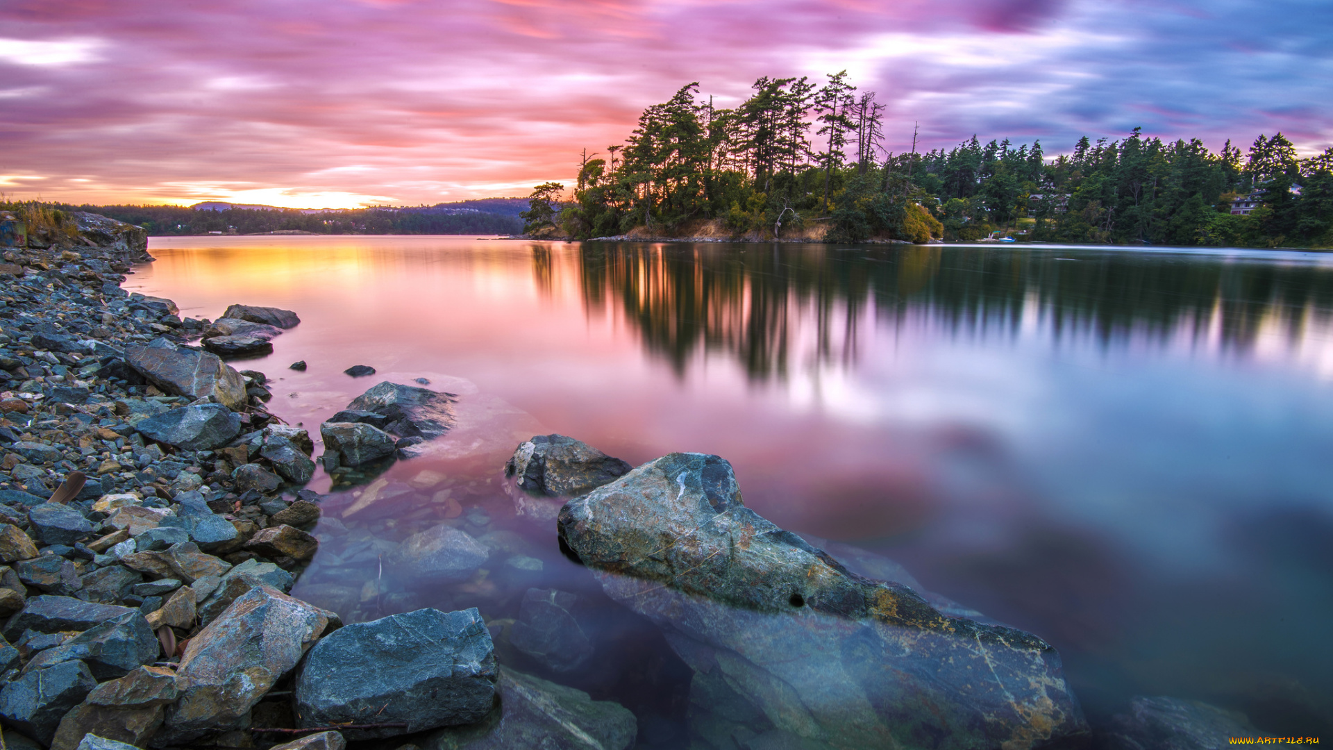 природа, реки, озера, зарево, тучи, камни, река, лес