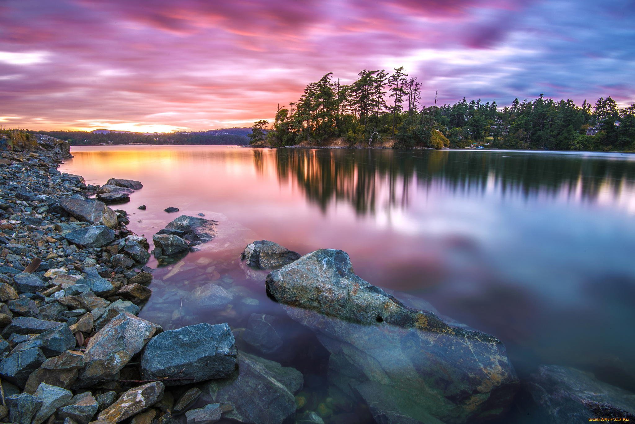 природа, реки, озера, зарево, тучи, камни, река, лес