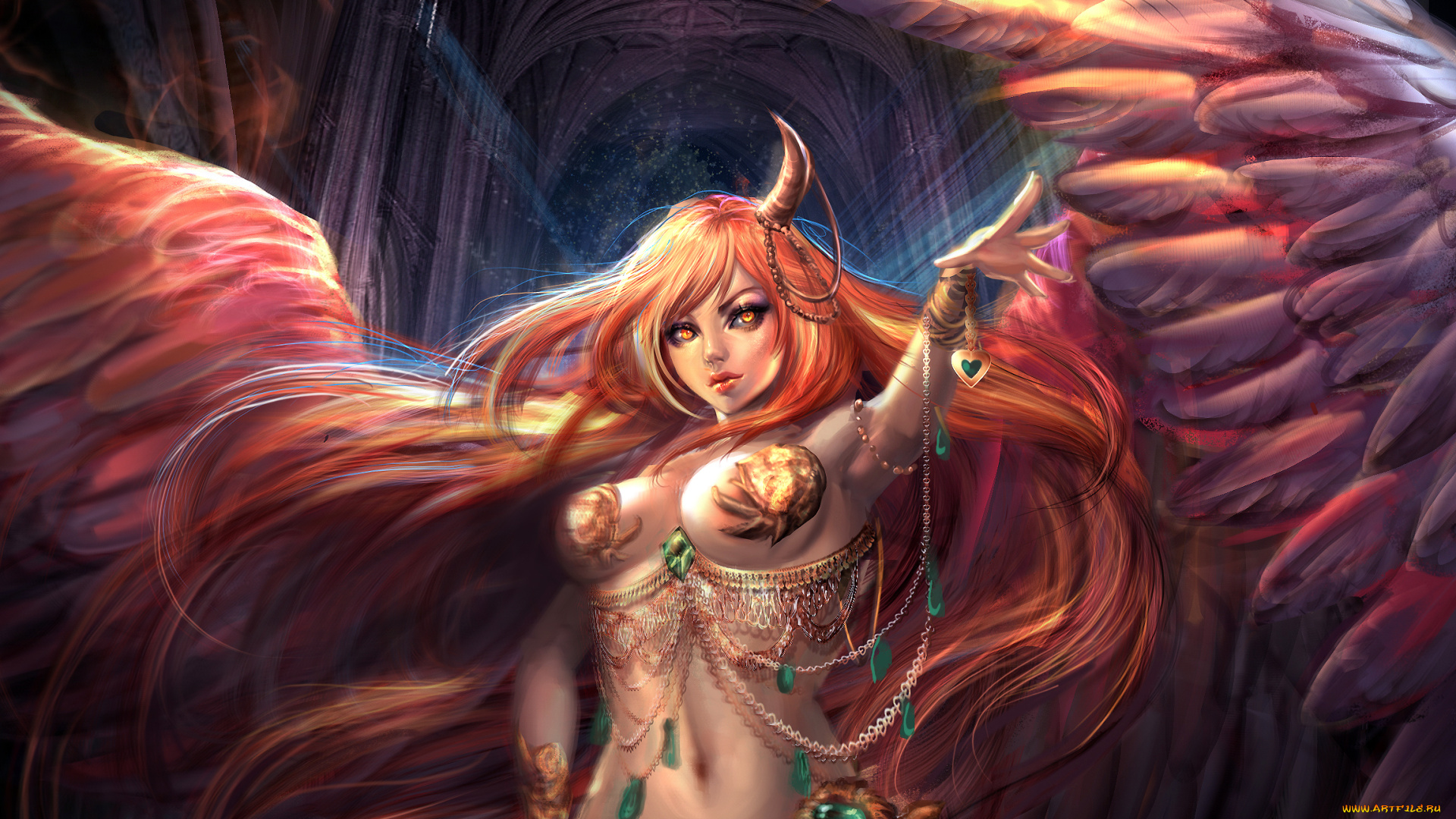 фэнтези, ангелы, рыжая, девушка, рог, крылья, ангел