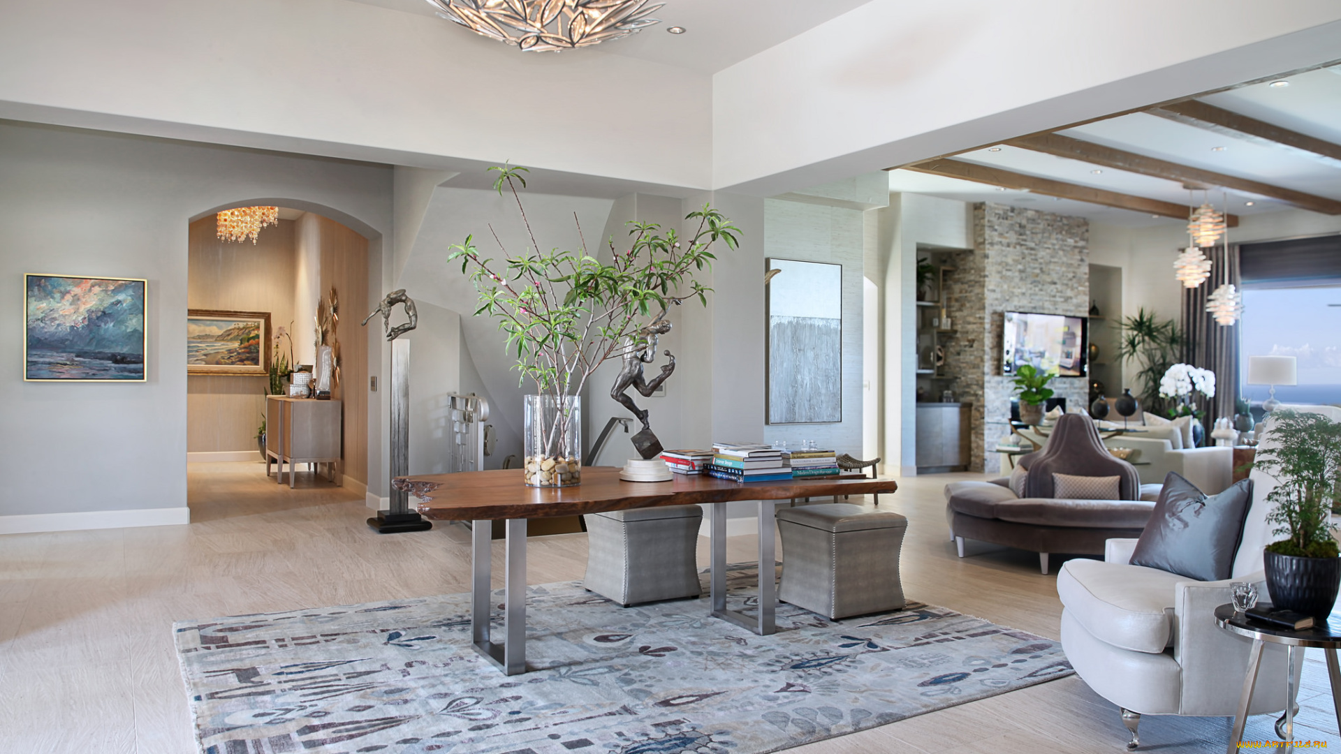 интерьер, гостиная, мебель, цветы, дизайн, оформление