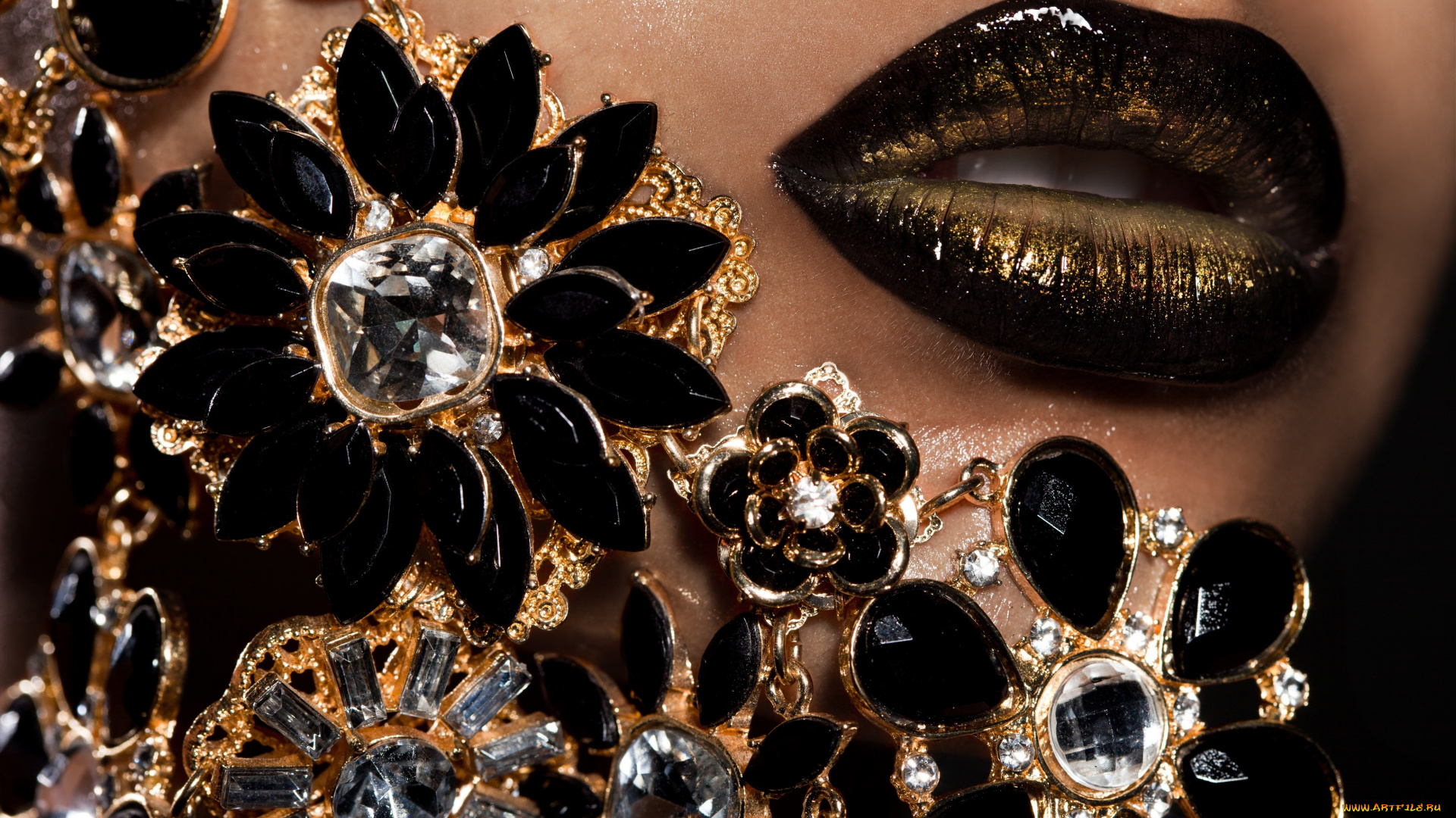 разное, губы, камни, цветы, украшение, помада, девушка