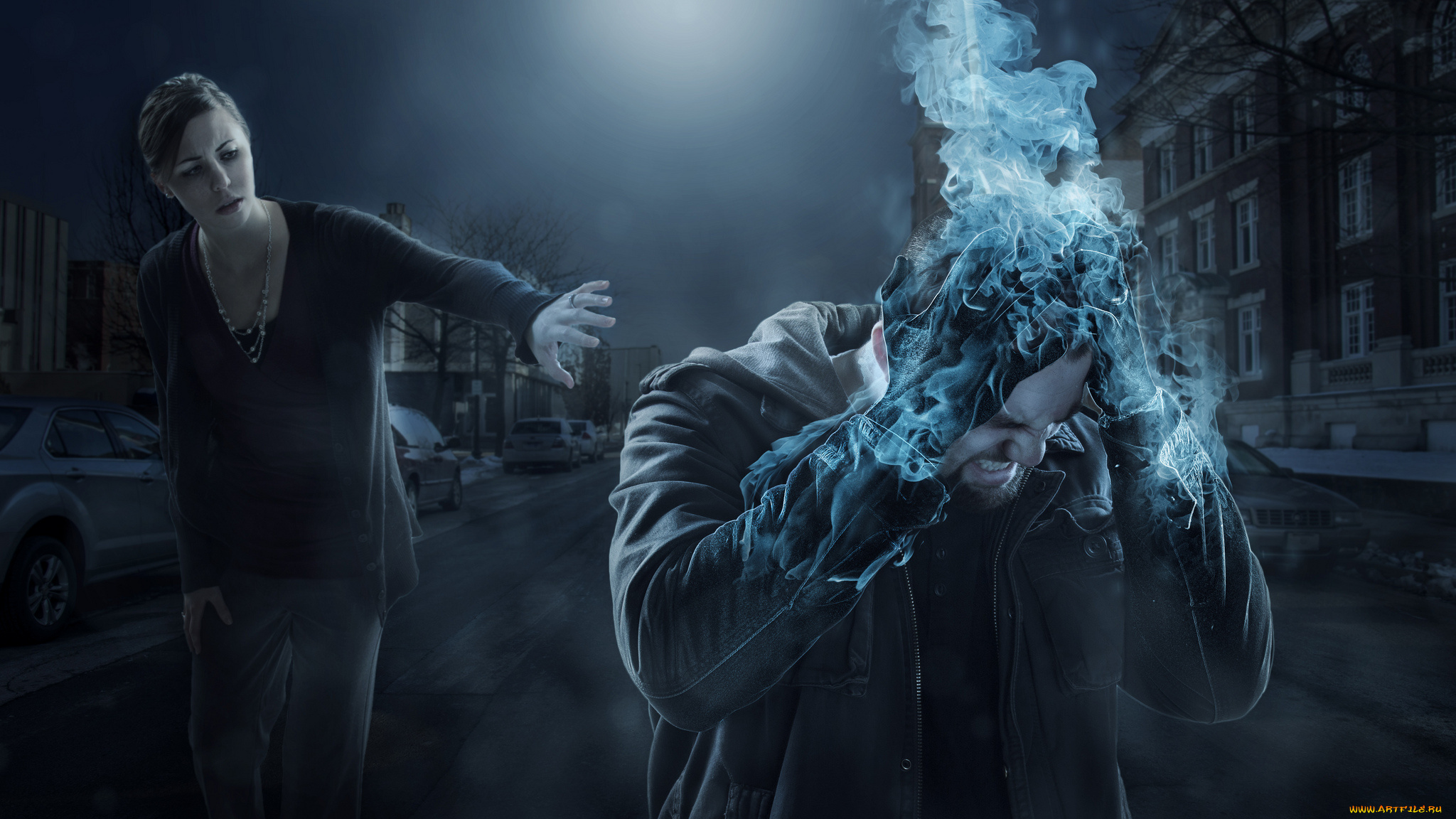 фэнтези, фотоарт, парень, девушка, пламя