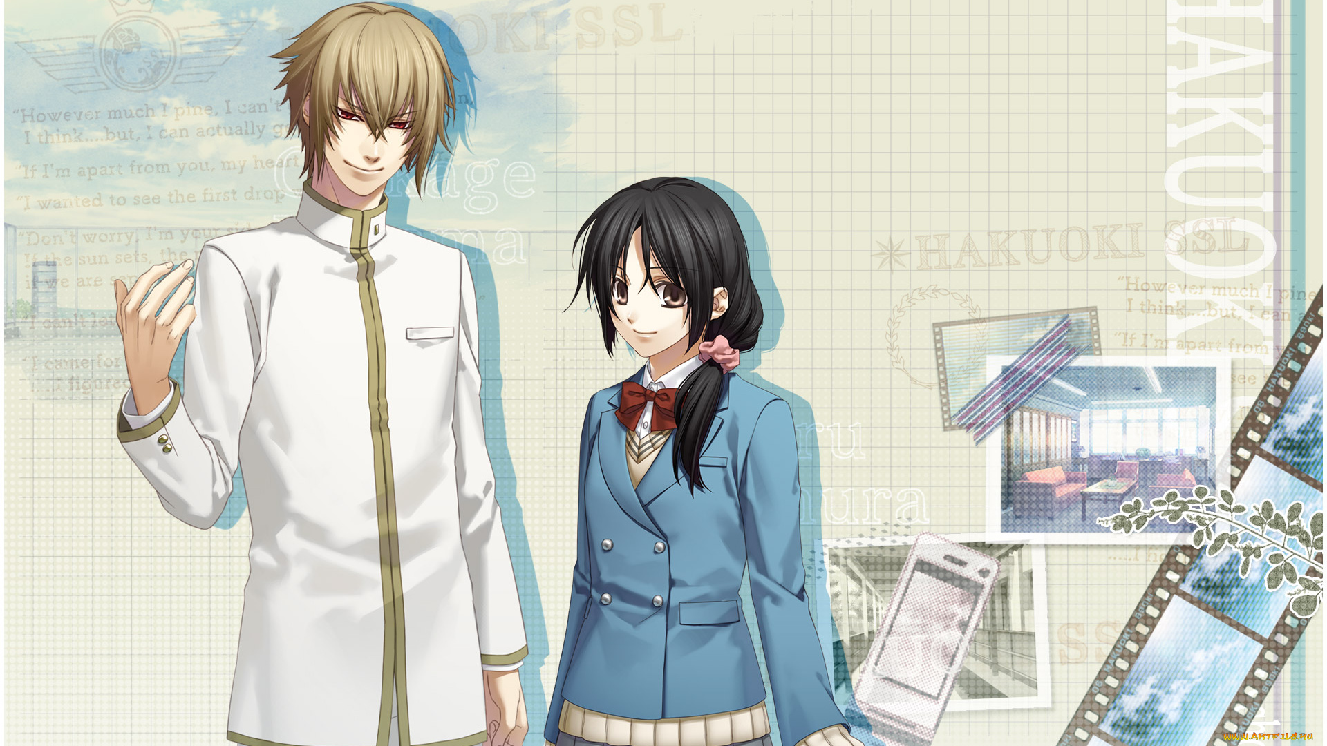 аниме, hakuouki, девушка, взгляд, фон, парень