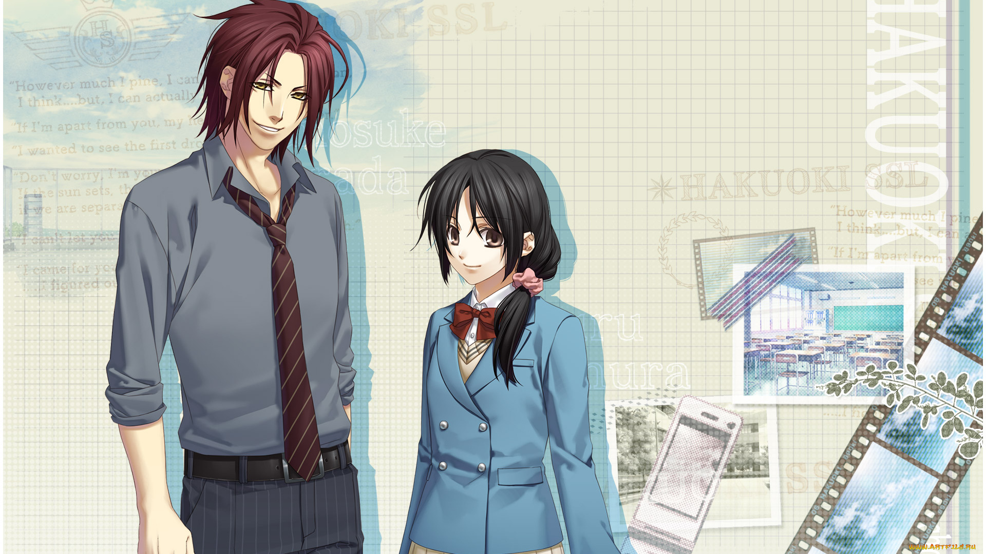 аниме, hakuouki, фон, взгляд, девушка, парень