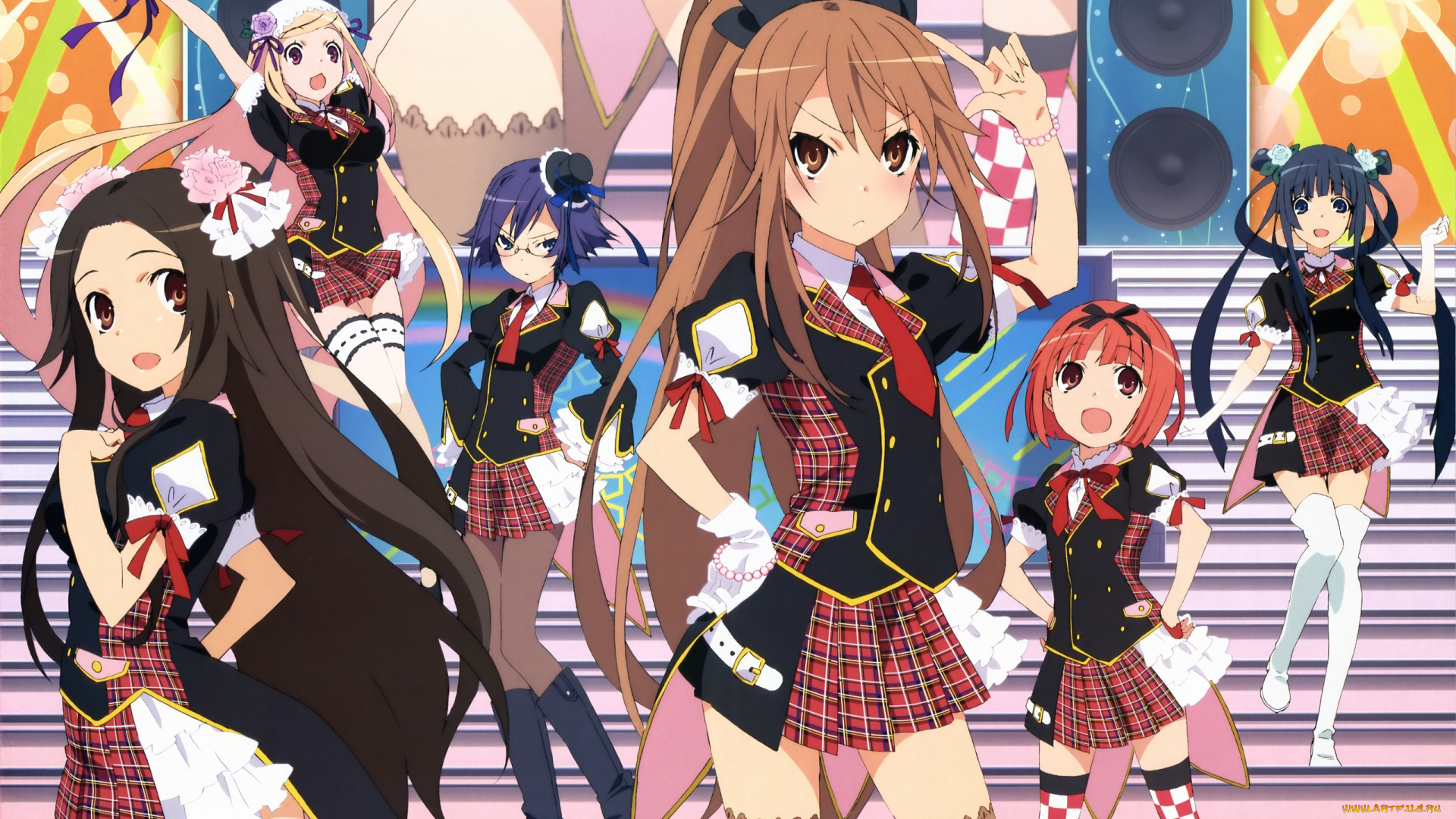 аниме, ookami-san, to, shichinin, no, nakama-tachi, девушки, взгляд, фон