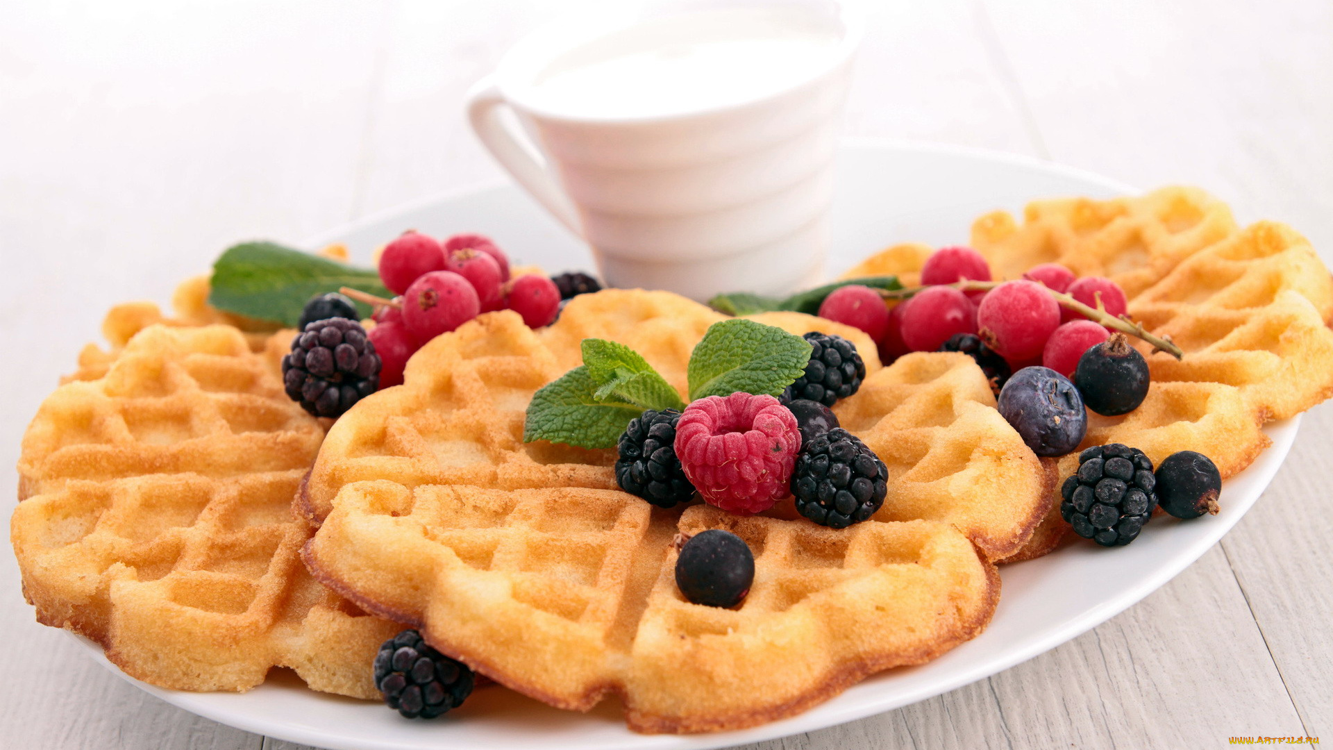 еда, блины, , оладьи, вафли, малина, ежевика, мята