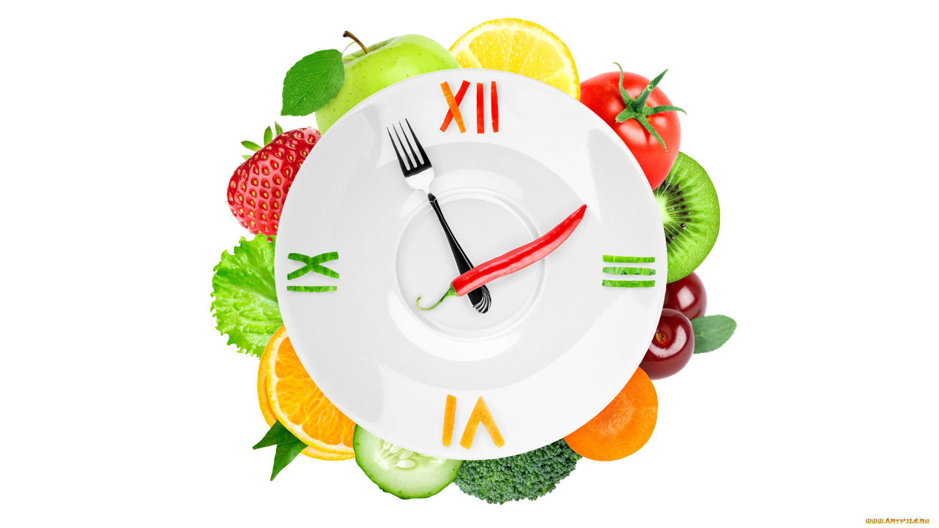 еда, фрукты, и, овощи, вместе, лимон, перец, красный, вилка, часы, киви, огурец, помидор, яблоко, апельсин, клубника, капуста, вишня, тарелка, креатив, стрелки, овощи, фрукты, ягоды
