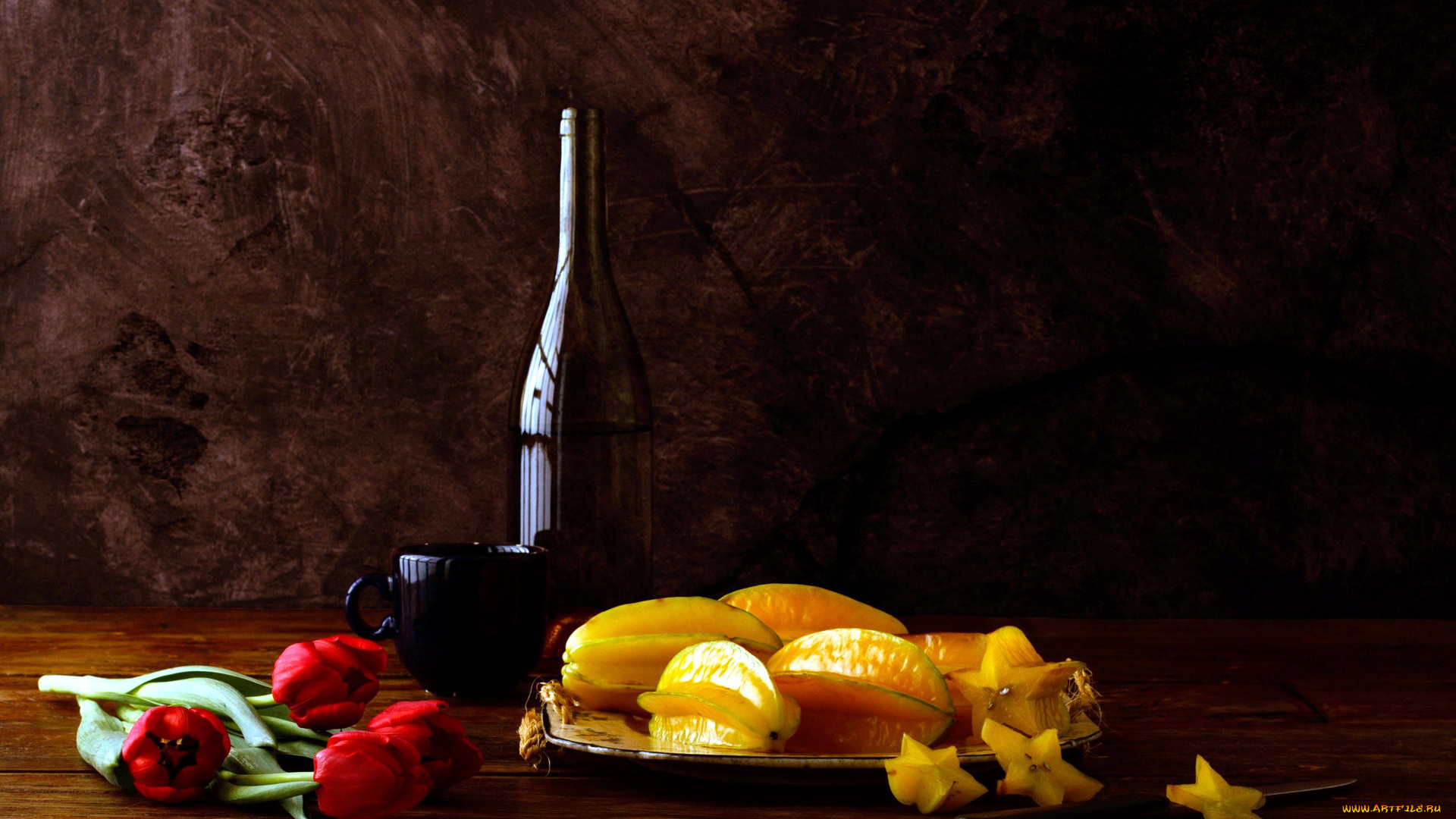 еда, карамбола, фрукт, экзотический, бутылка, тюльпаны