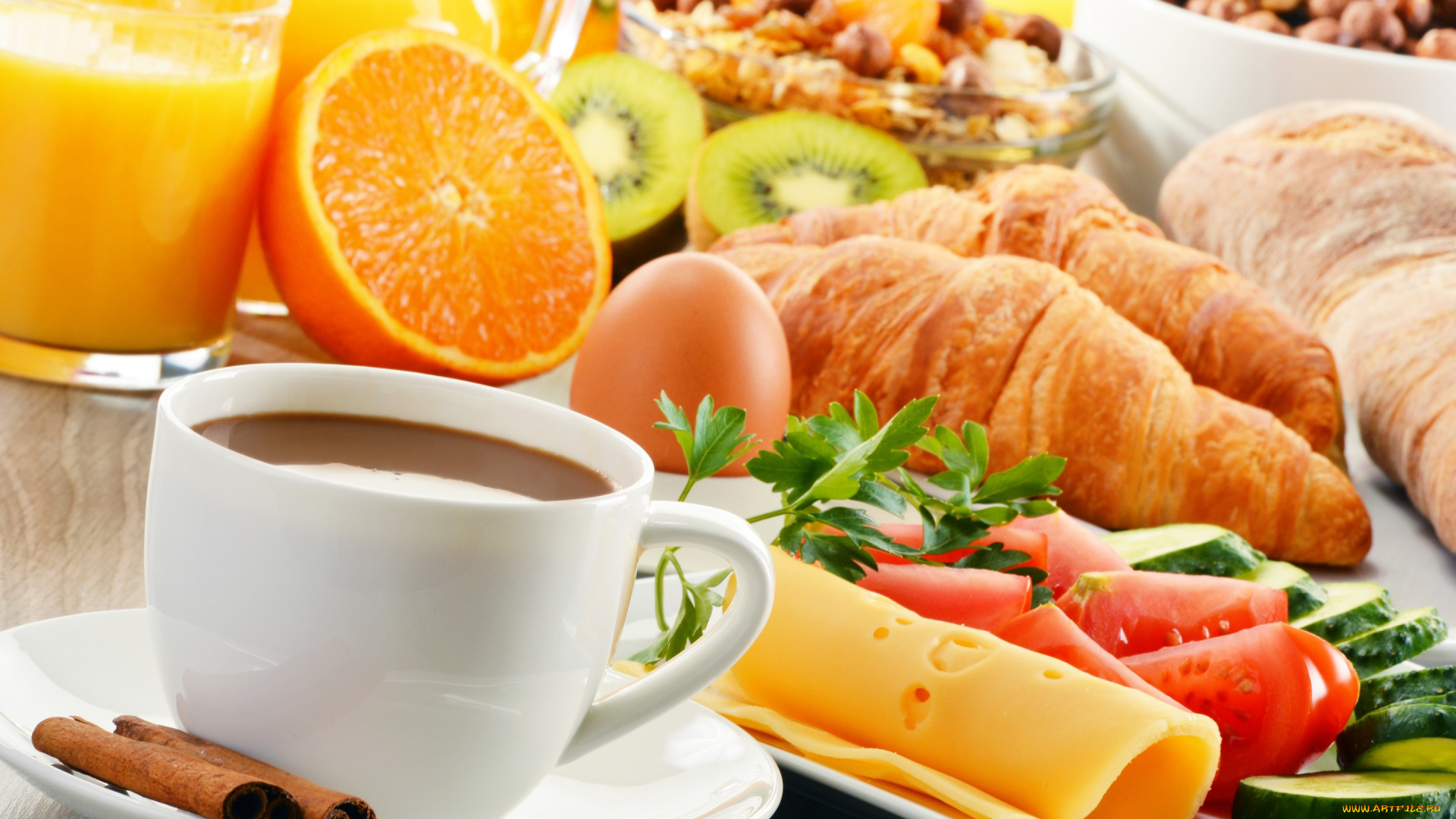 еда, разное, cheese, яйцо, орехи, сыр, сок, juice, tomato, orange, кофе, киви, апельсин, помидоры, coffee, nuts, baking, круассаны