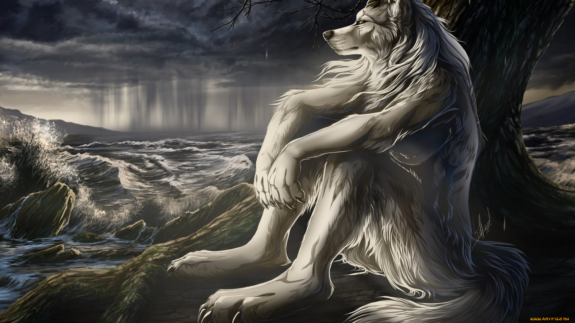 фэнтези, оборотни, рога, существо, ливень, дерево, море, мир, иной