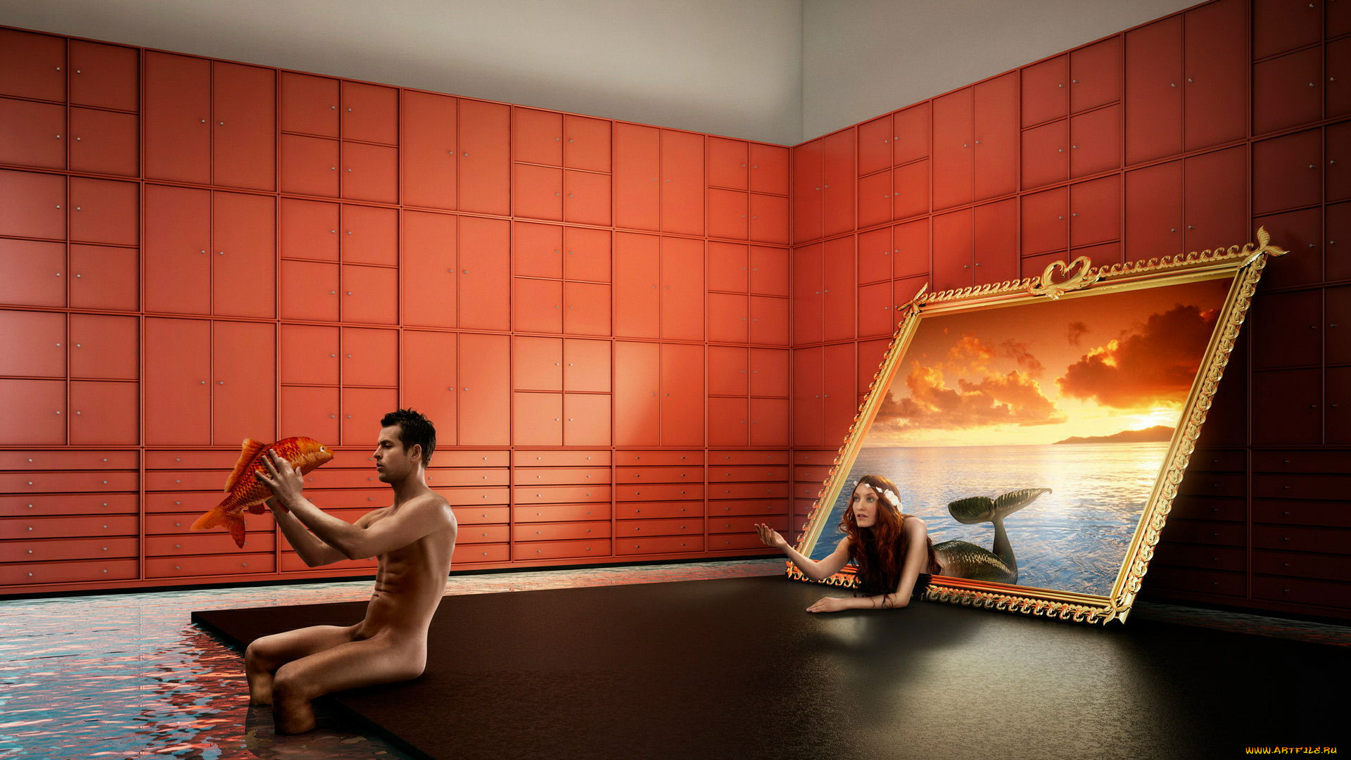 разное, компьютерный, дизайн, мужчина, взгляд, фон, бассейн, русалка