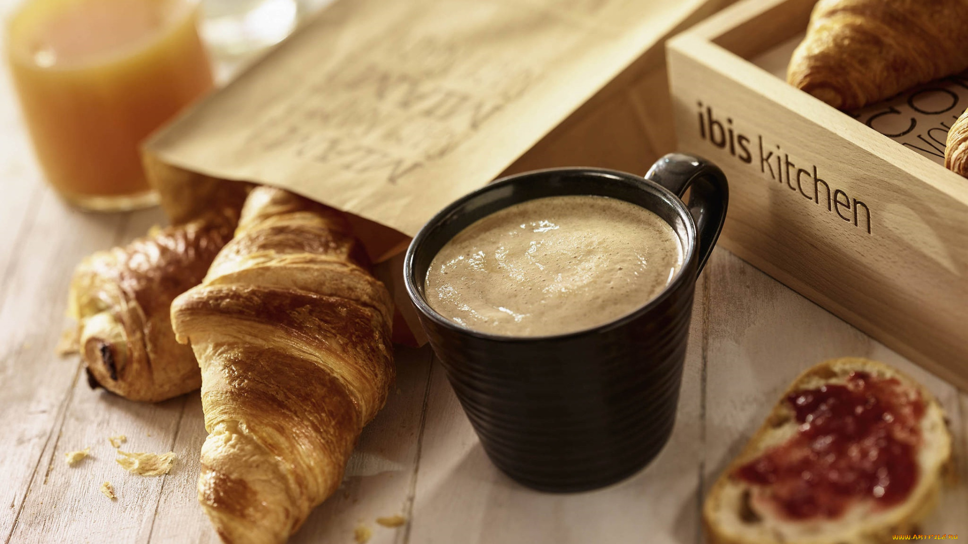 еда, кофе, , кофейные, зёрна, круассаны, сок, завтрак