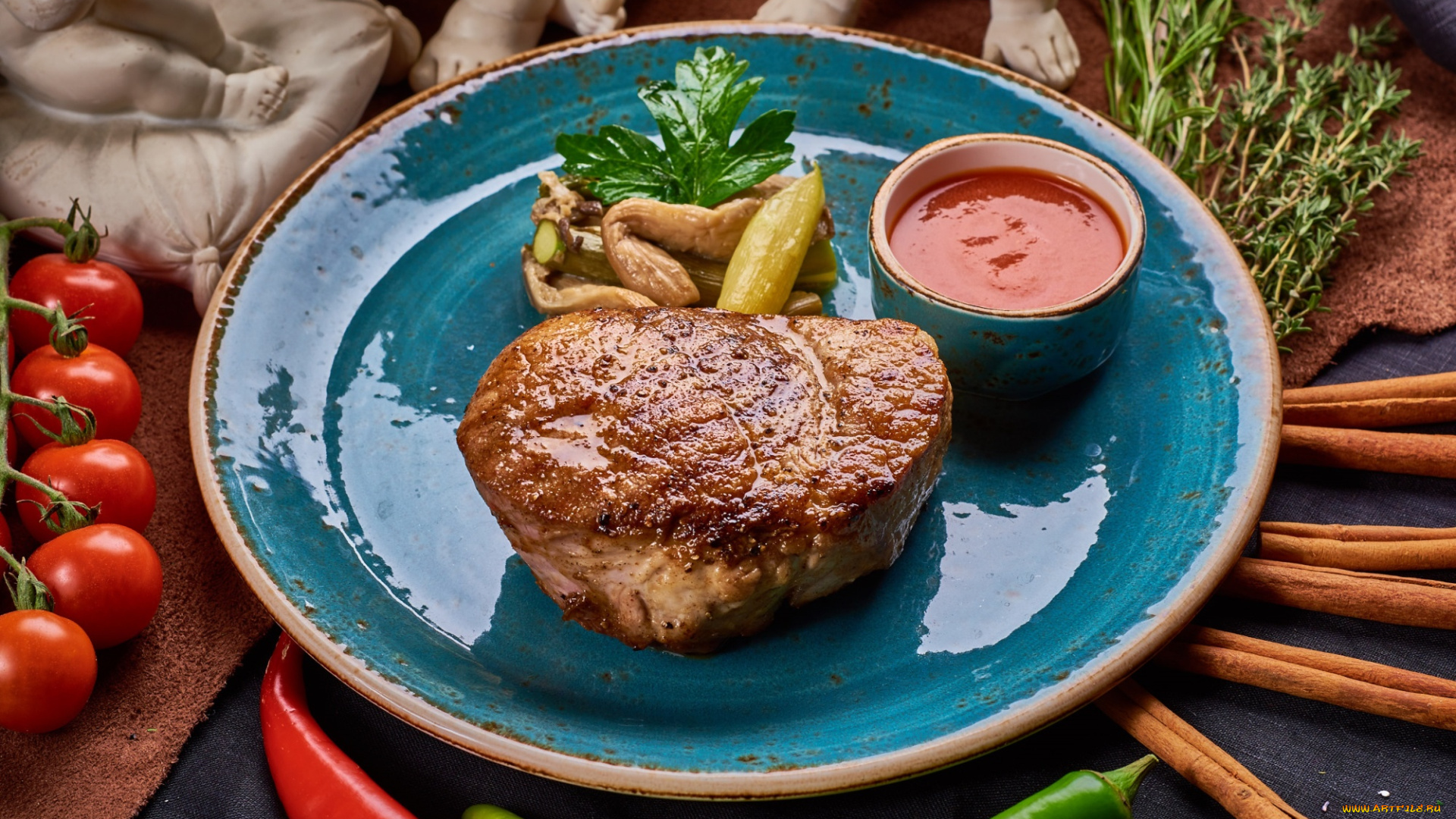 еда, мясные, блюда, соус, стейк, помидоры, мясо