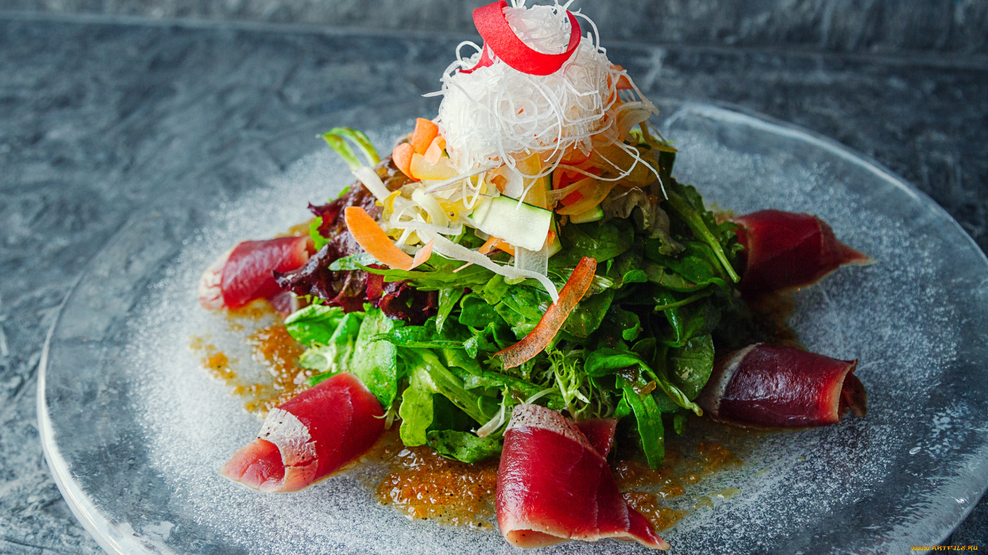 еда, салаты, , закуски, лапша, зелень, бекон, салат