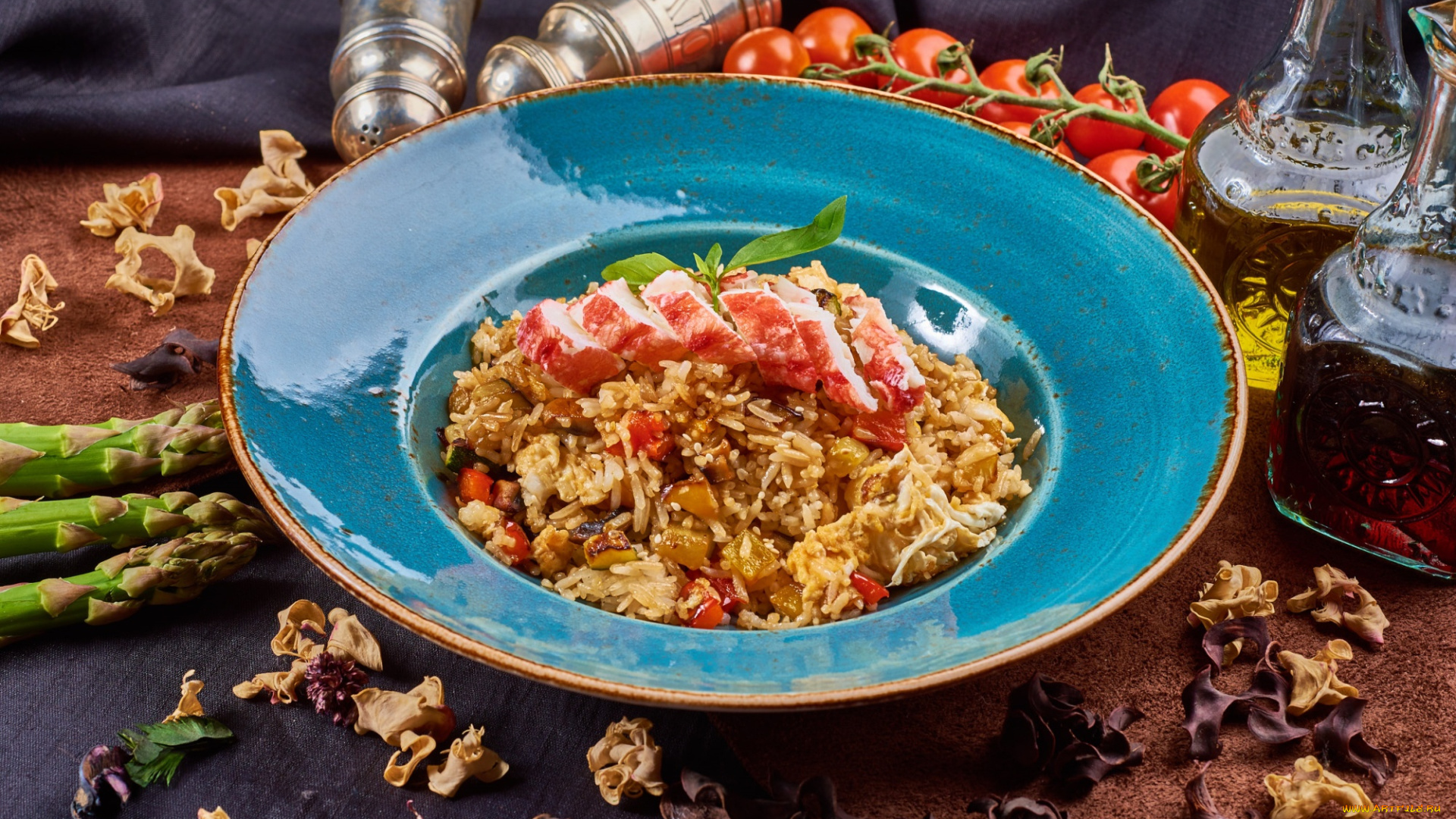 еда, вторые, блюда, плов, спаржа, помидоры, рис