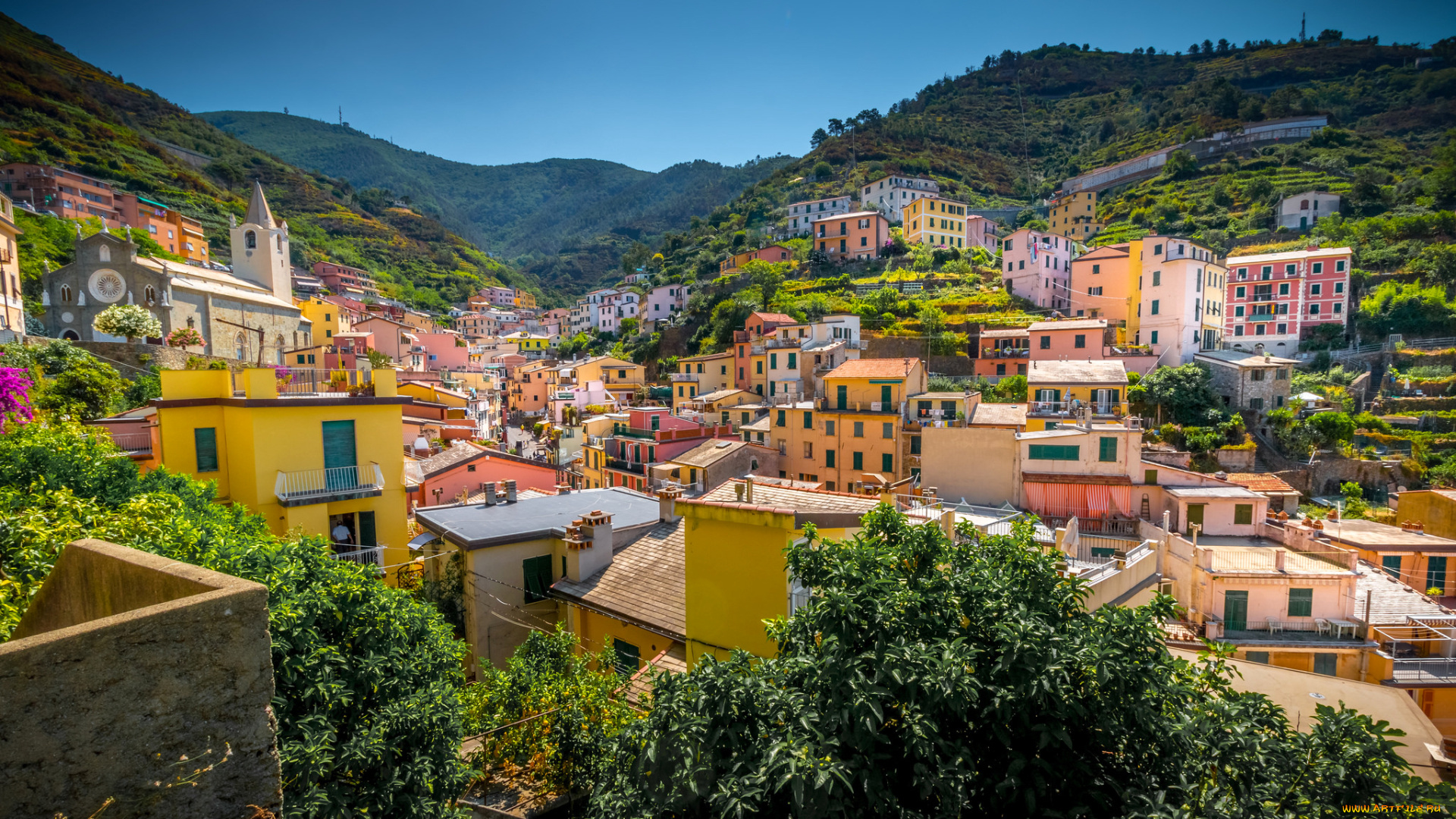 города, -, панорамы, горы, пейзаж, деревья, риомаджоре, склон, италия, дома, Чинкве-терре