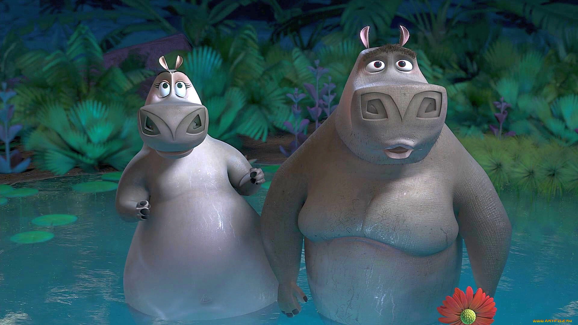 мультфильмы, madagascar, , escape, 2, africa, бегемот, двое, цветок, водоем, растения