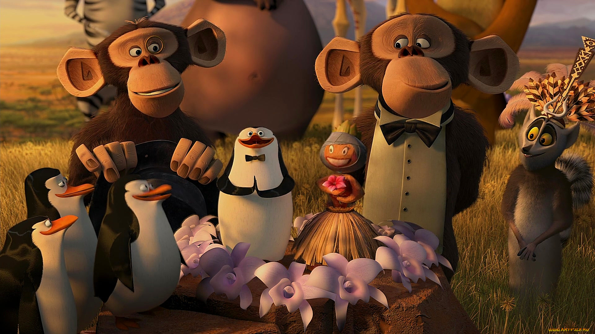 мультфильмы, madagascar, , escape, 2, africa, пингвин, лемур, обезьяна, кукла, цветы