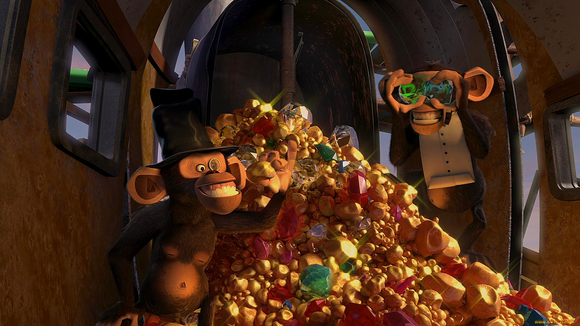 мультфильмы, madagascar, , escape, 2, africa, золото, драгоценности, шляпа, двое, обезьяна