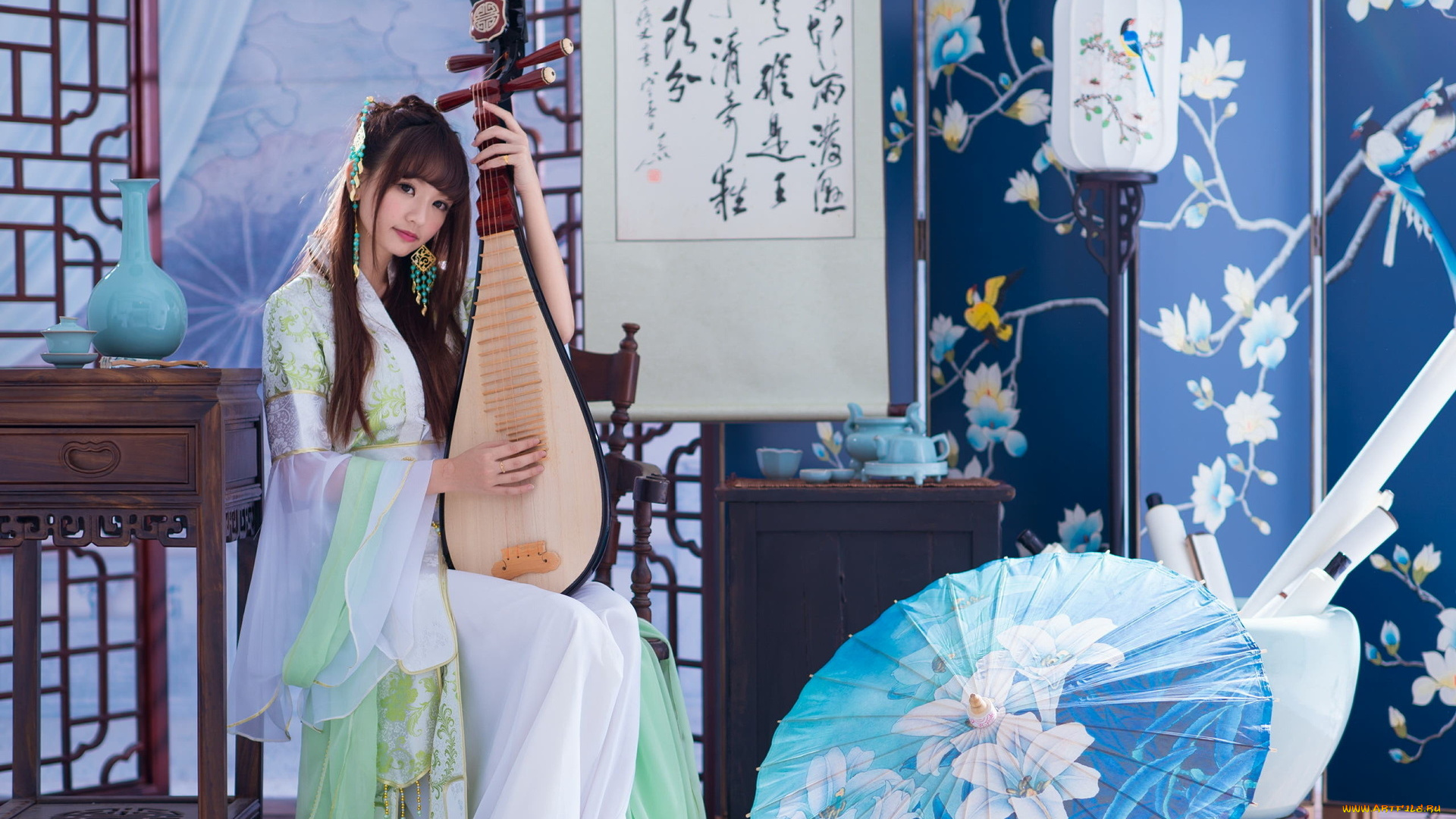 музыка, -, другое, девушка, азиатка, сервиз, зонт