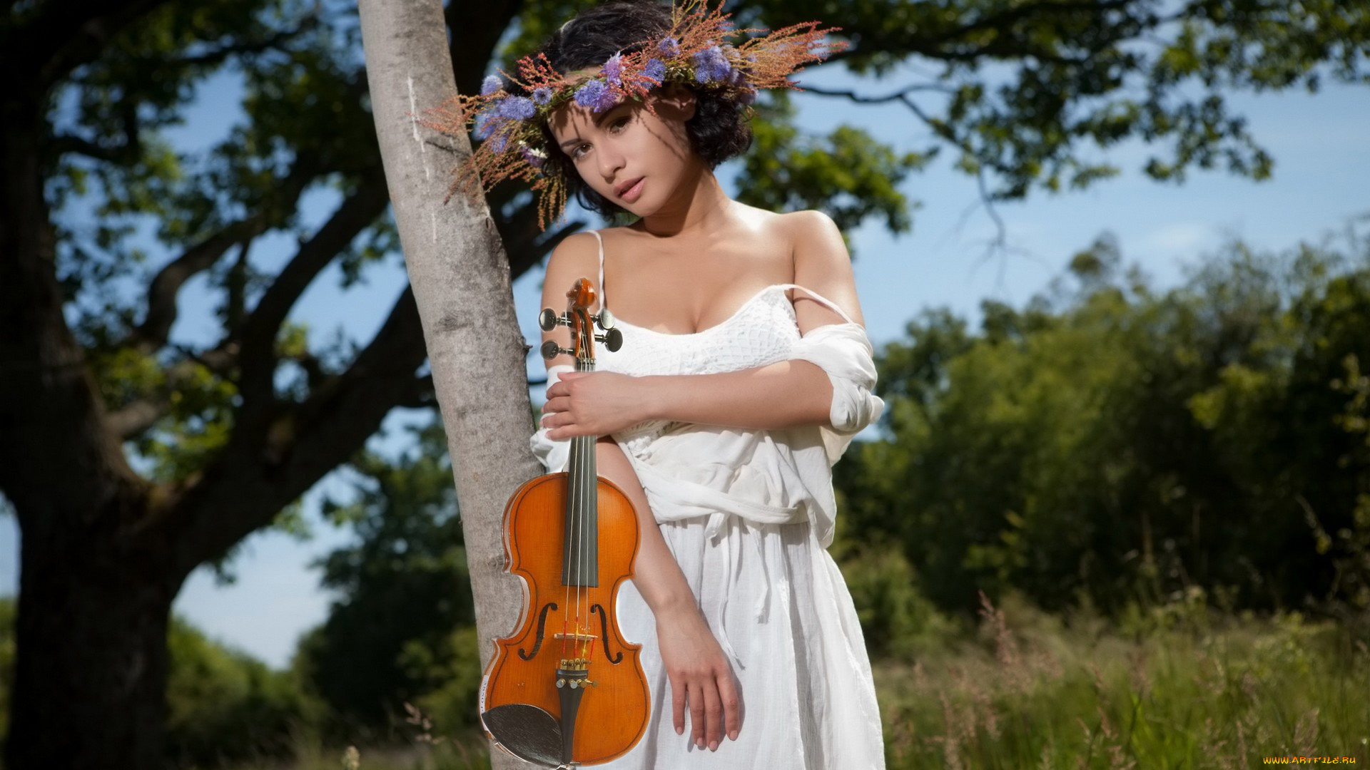музыка, -, другое, девушка, скрипка, венок, дерево, растения