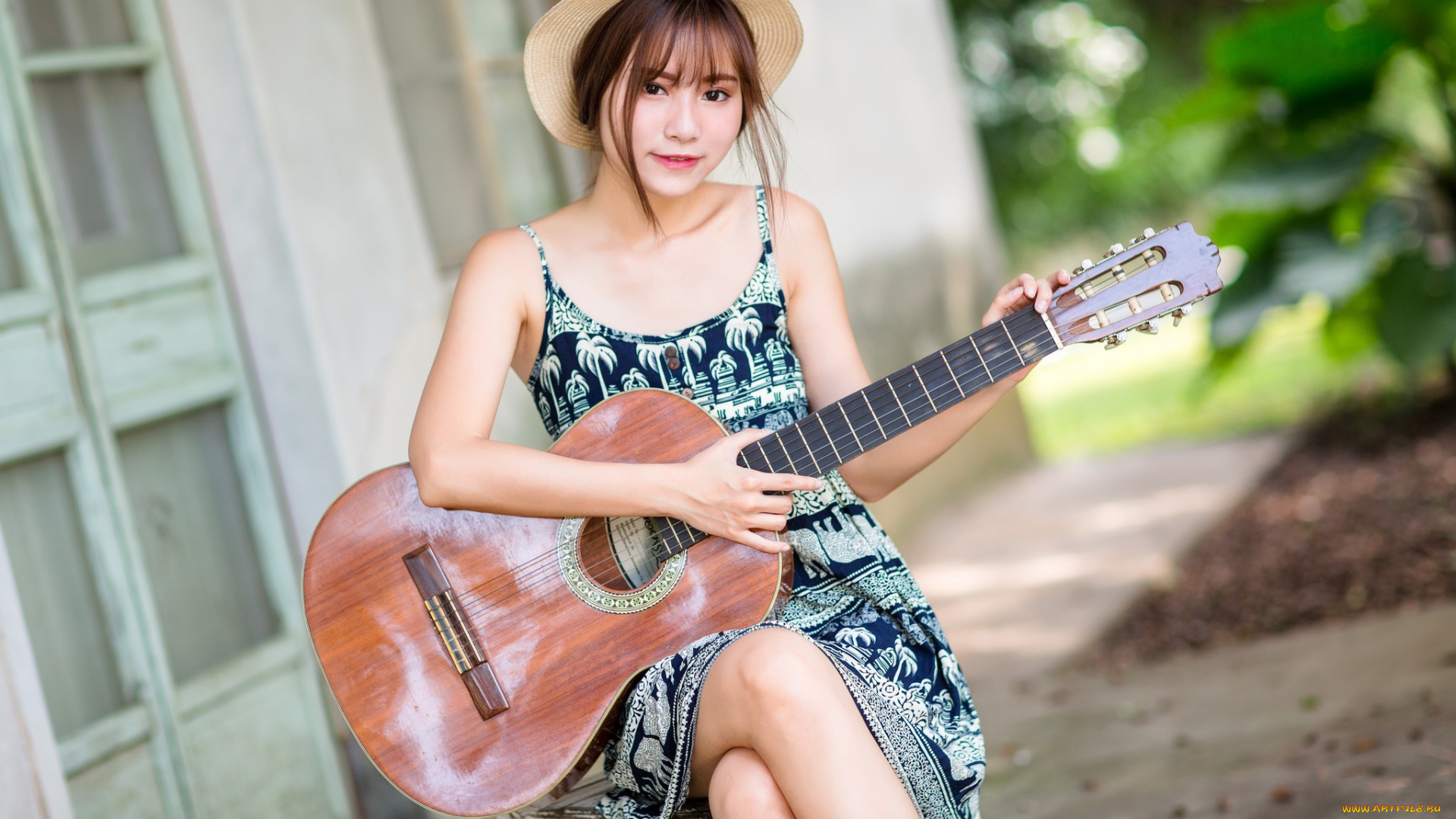 музыка, -, другое, девушка, взгляд, фон, гитара