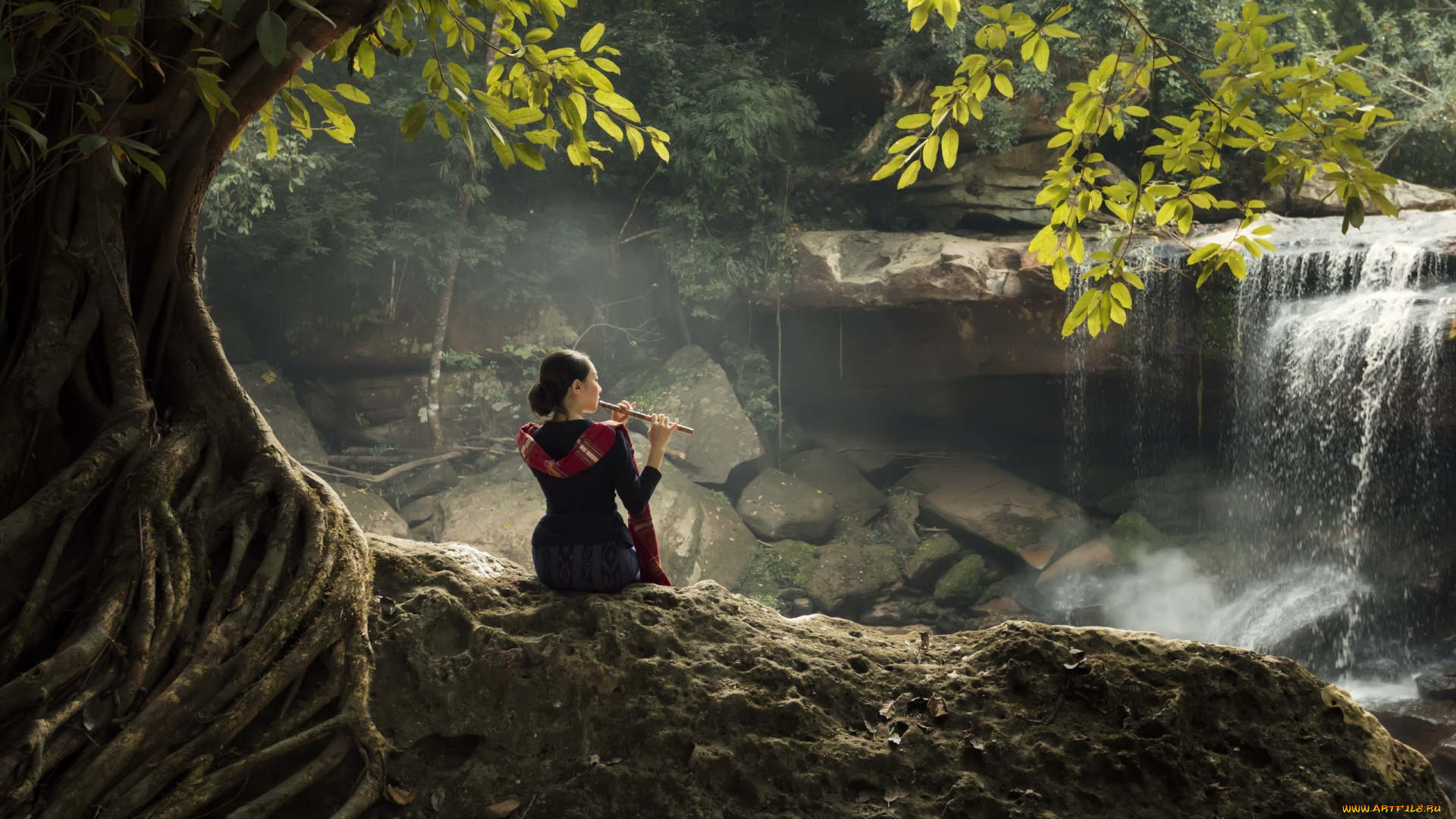 музыка, -, другое, флейта, пейзаж, девушка