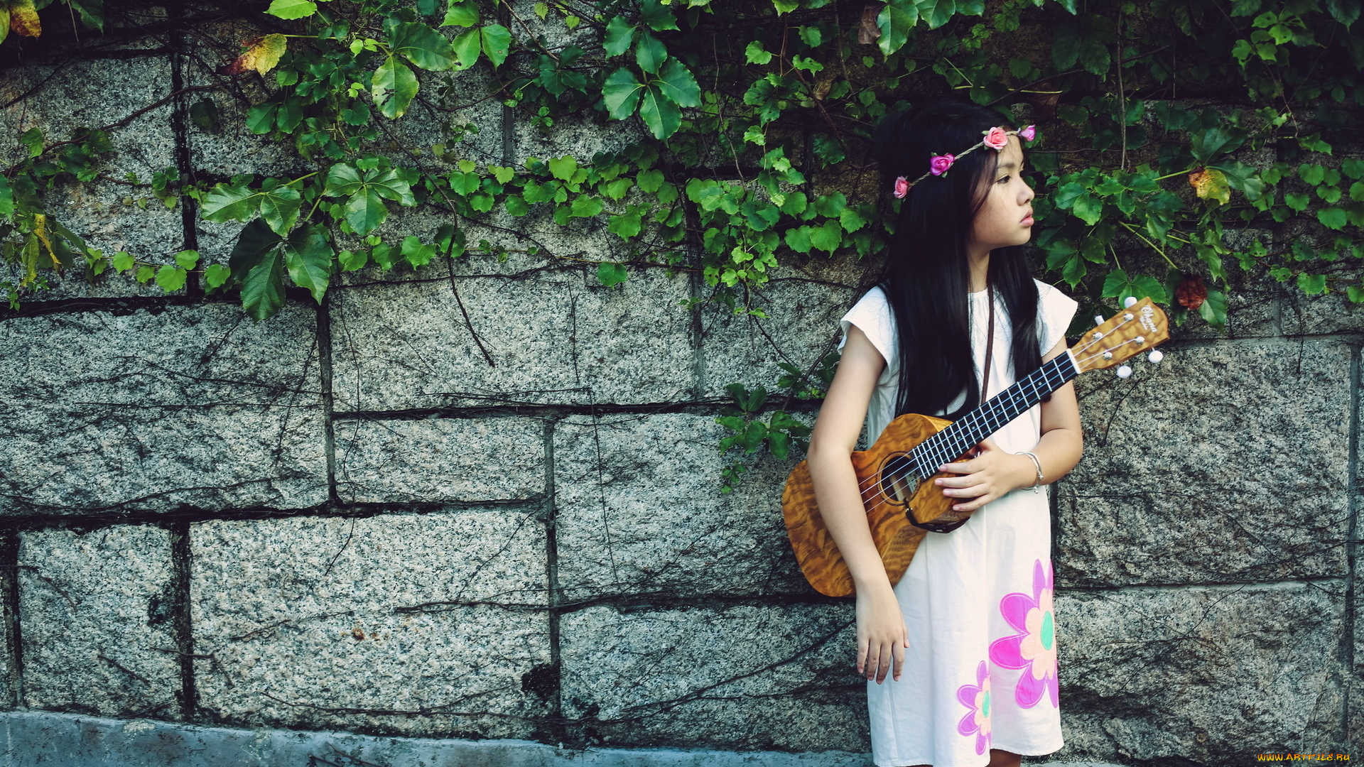 музыка, -, другое, гитара, девушка, растения, венок