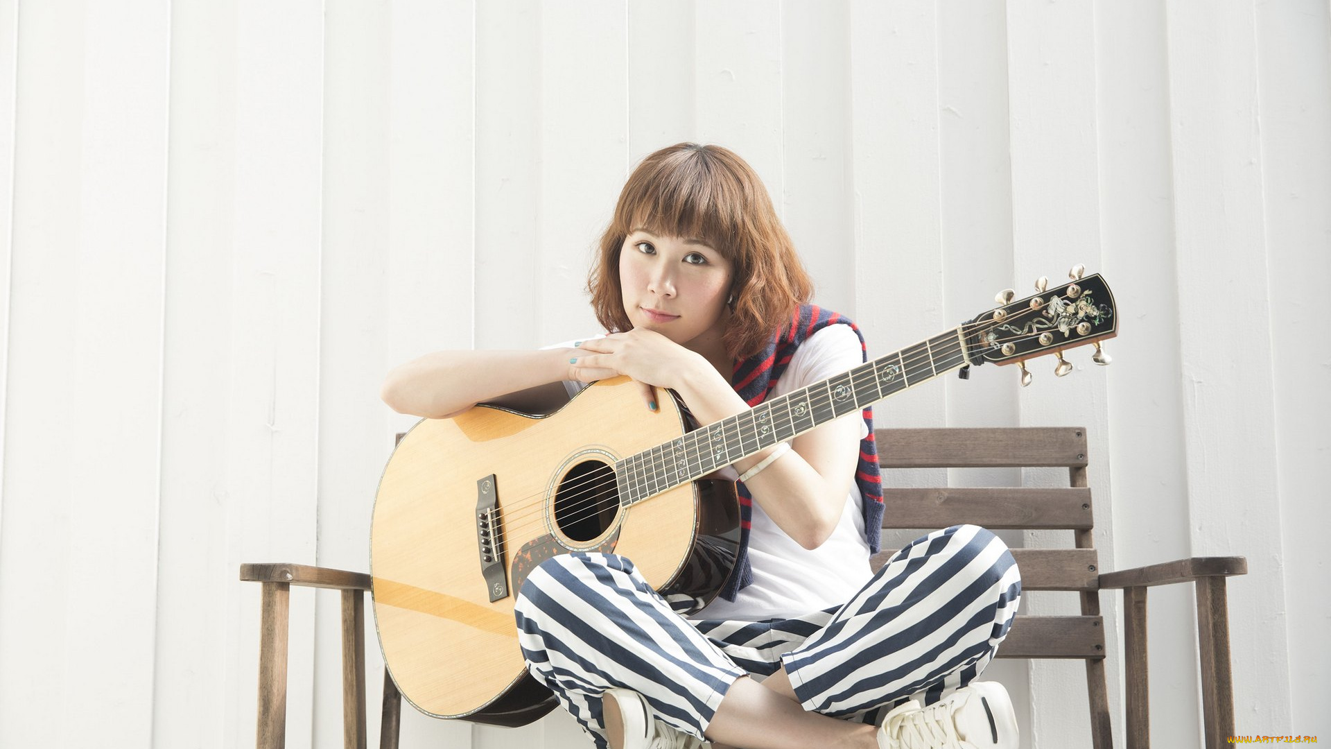 музыка, -, другое, скамейка, гитара, девушка