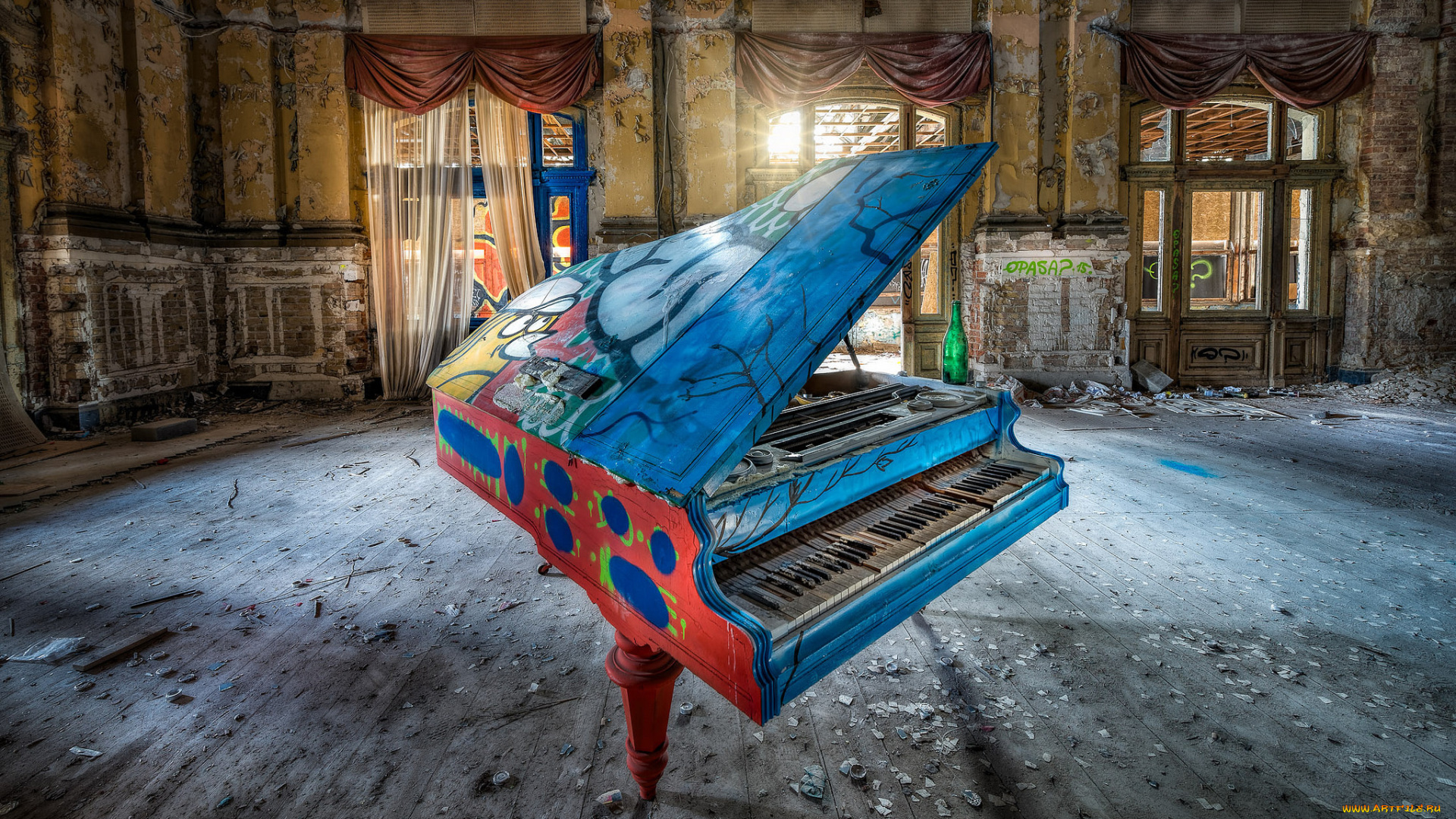 музыка, -музыкальные, инструменты, граффити, комната, рояль, пианино