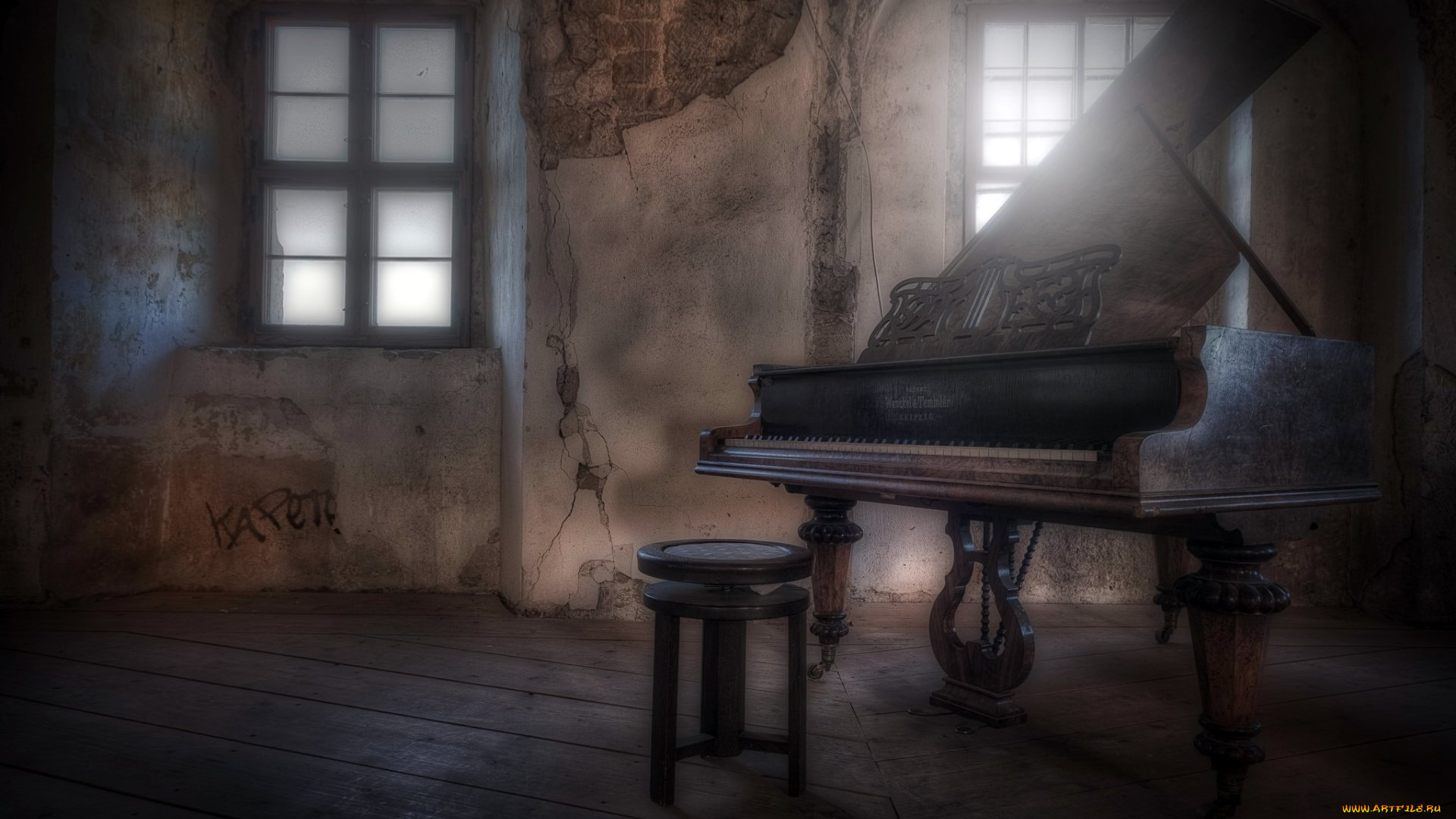 музыка, -музыкальные, инструменты, комната, окно, табурет, рояль, пианино