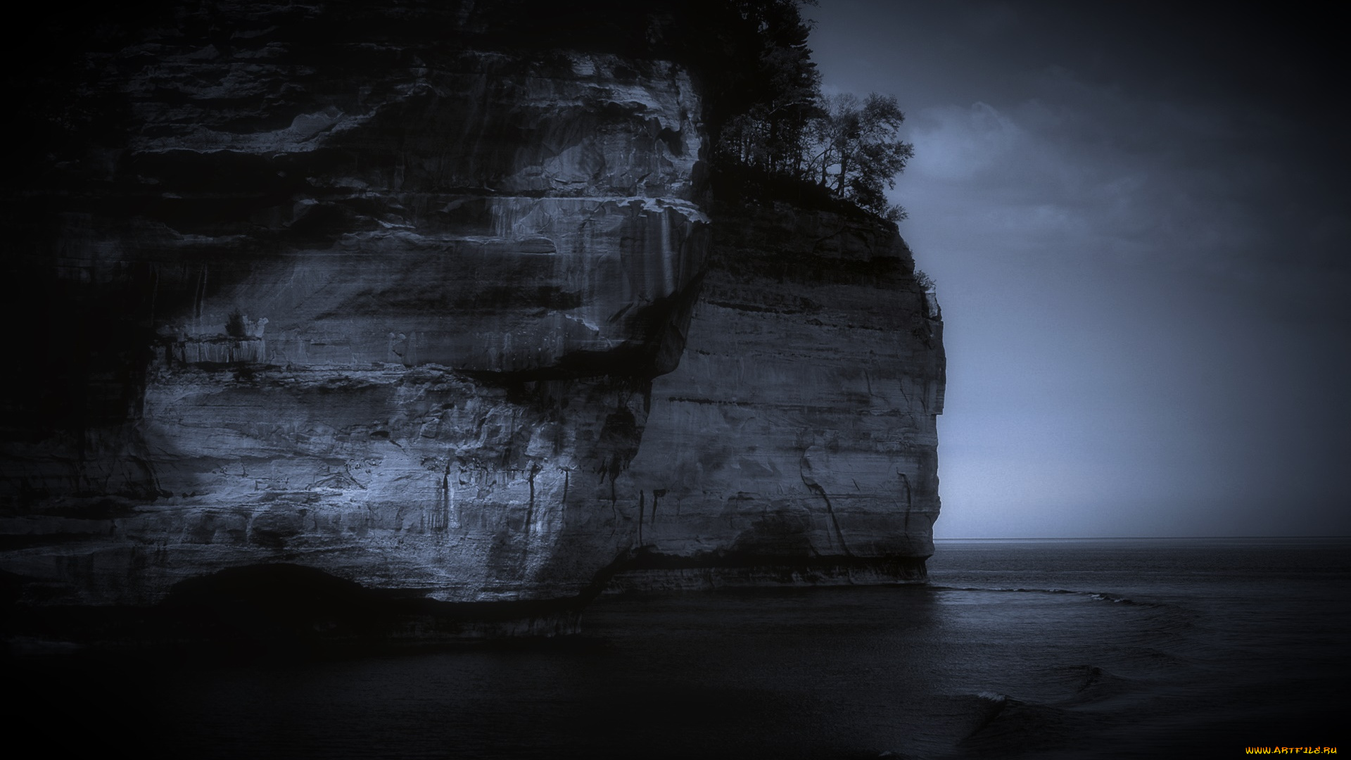 природа, побережье, море, ночь, скала