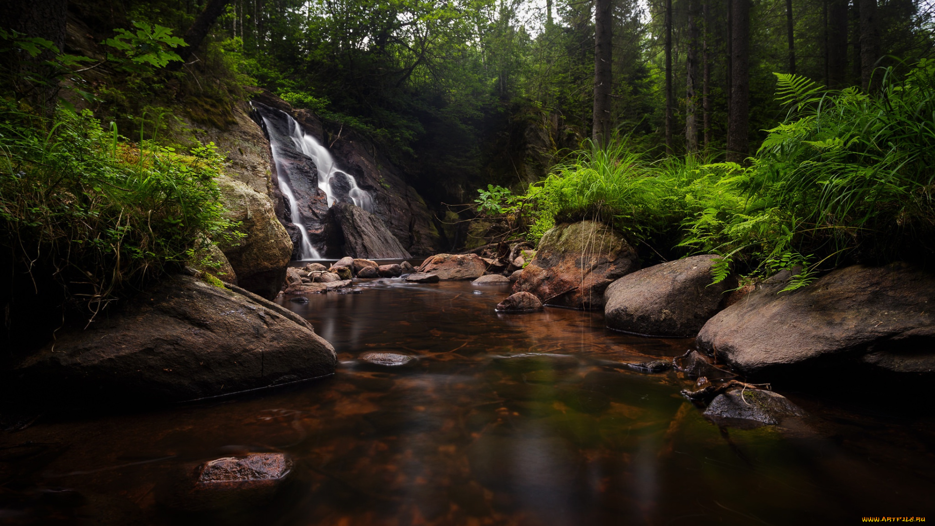 природа, водопады, речка, водопад, камни, лес, деревья
