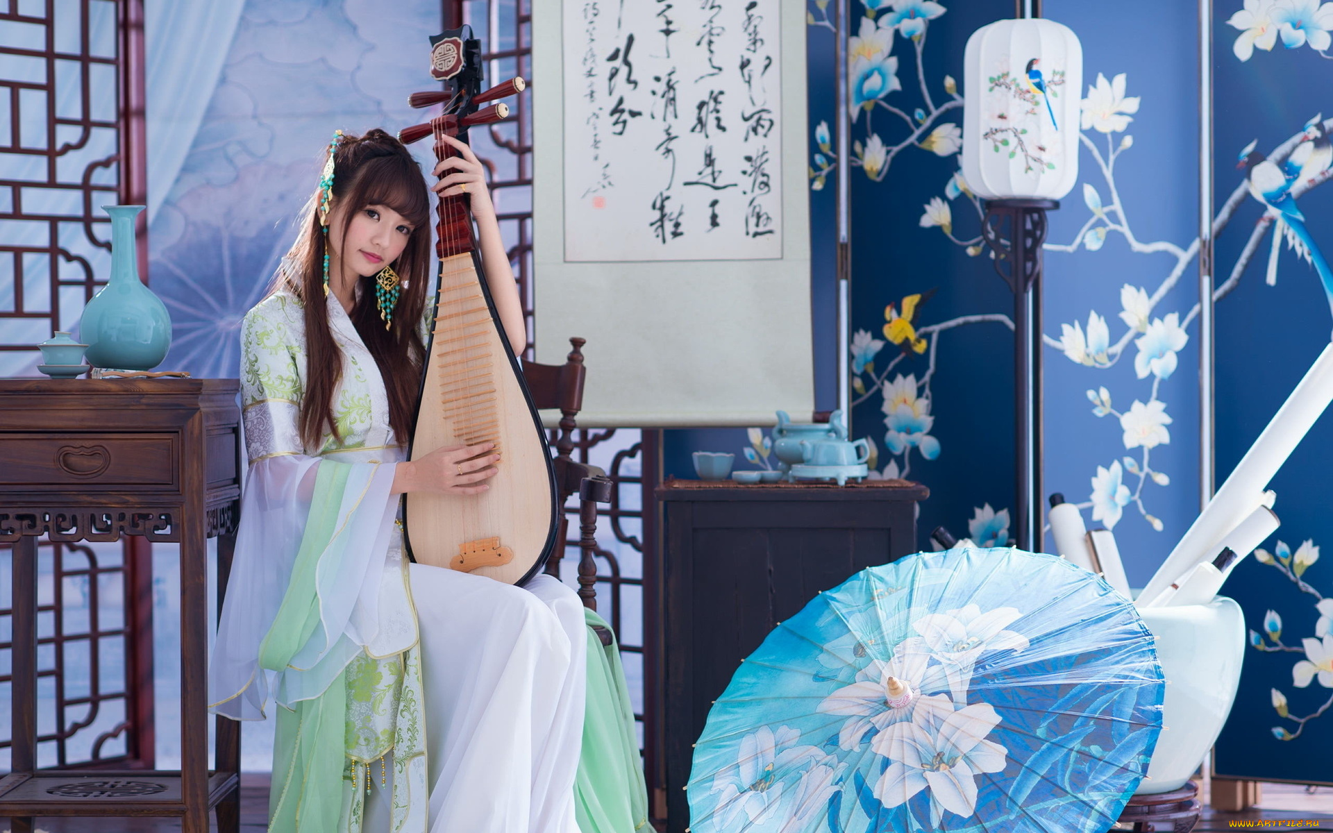 музыка, -, другое, девушка, азиатка, сервиз, зонт