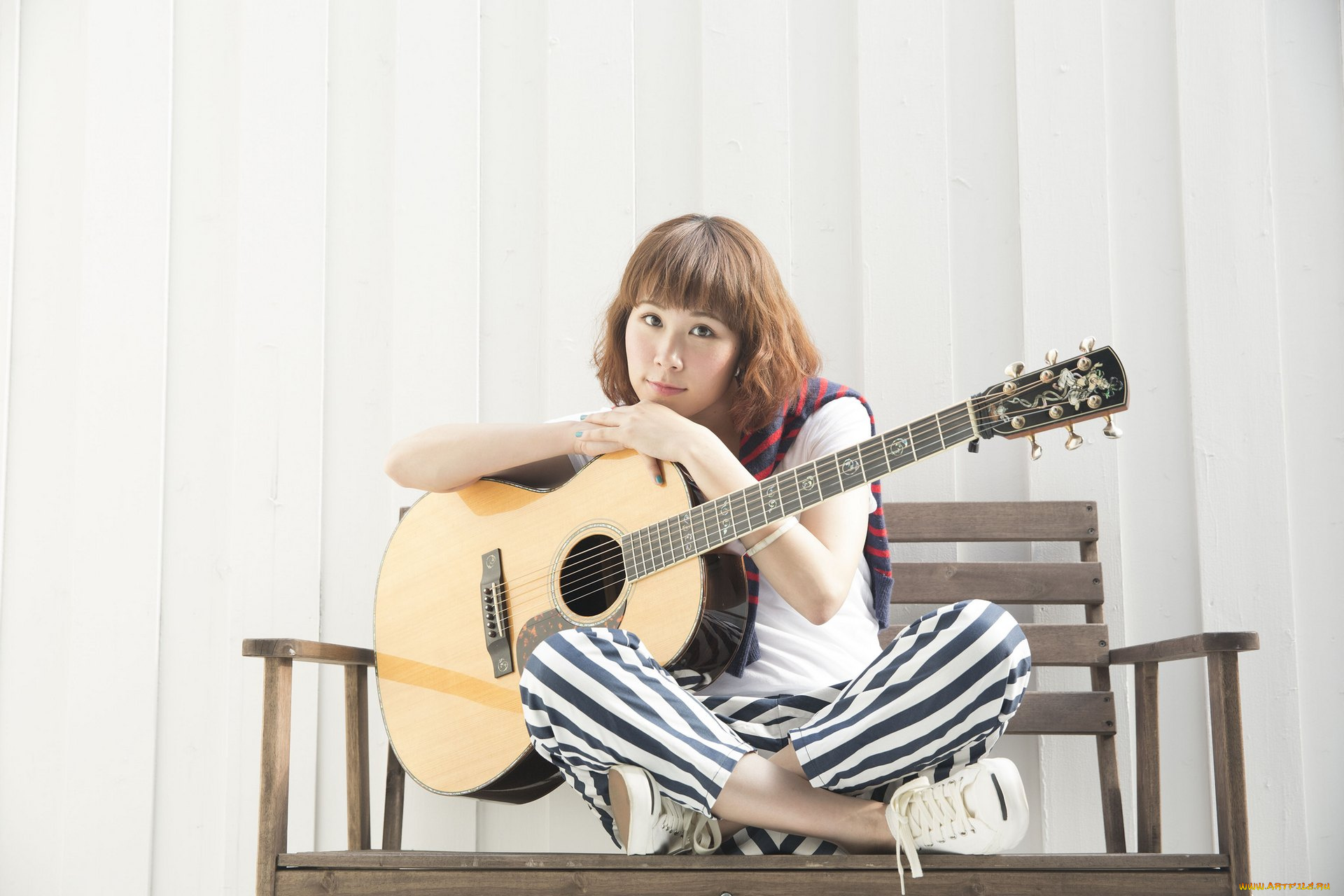 музыка, -, другое, скамейка, гитара, девушка