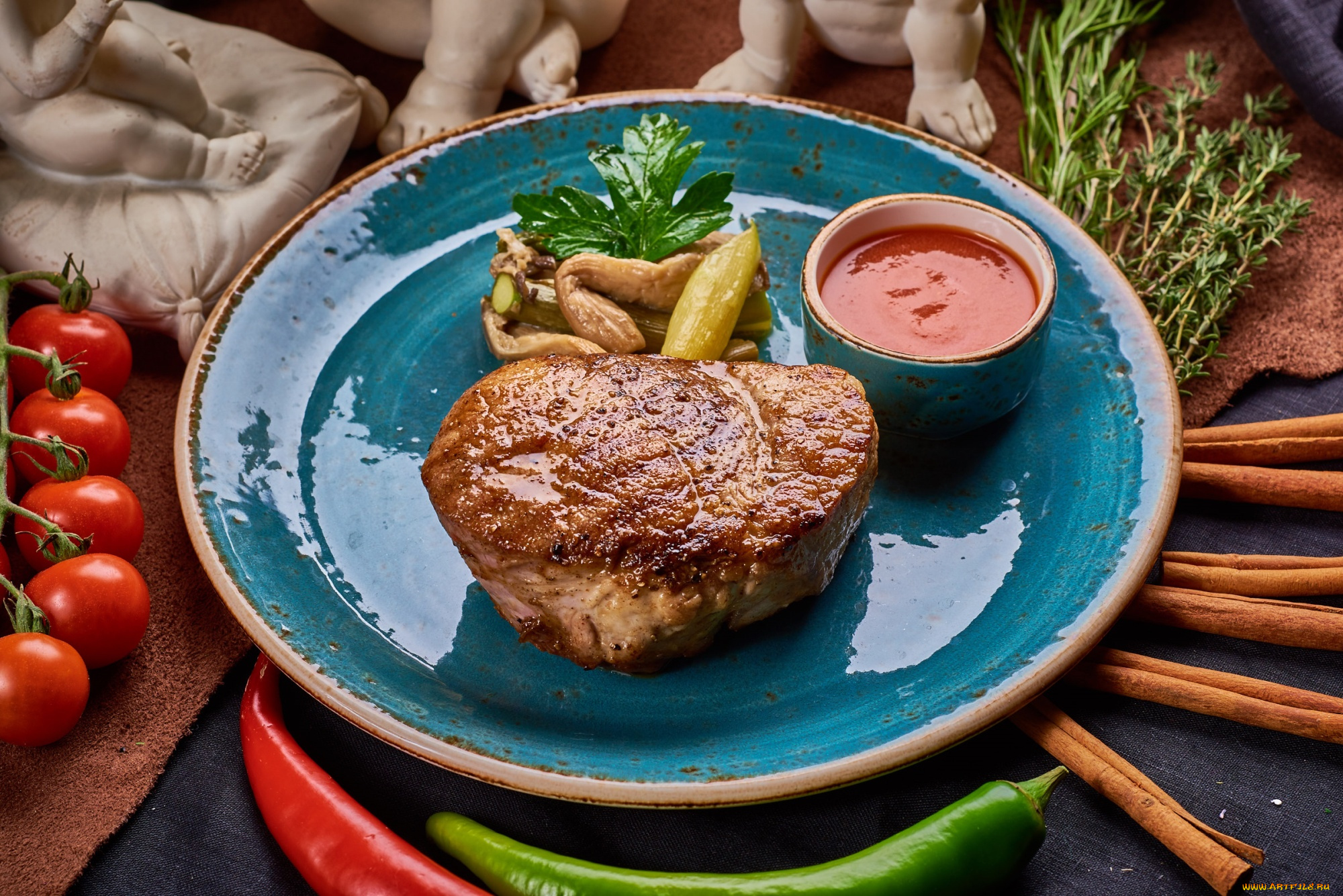 еда, мясные, блюда, соус, стейк, помидоры, мясо