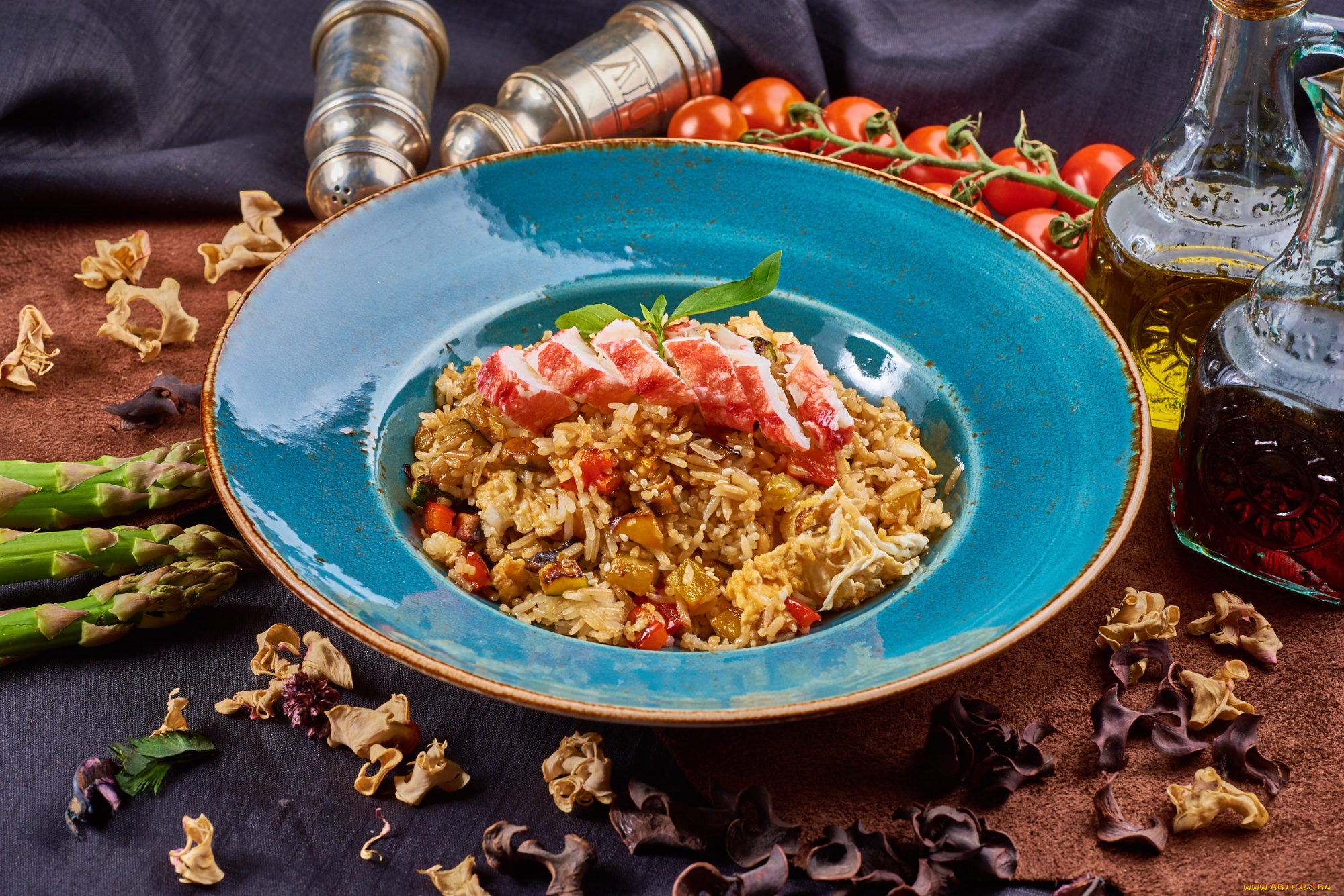 еда, вторые, блюда, плов, спаржа, помидоры, рис