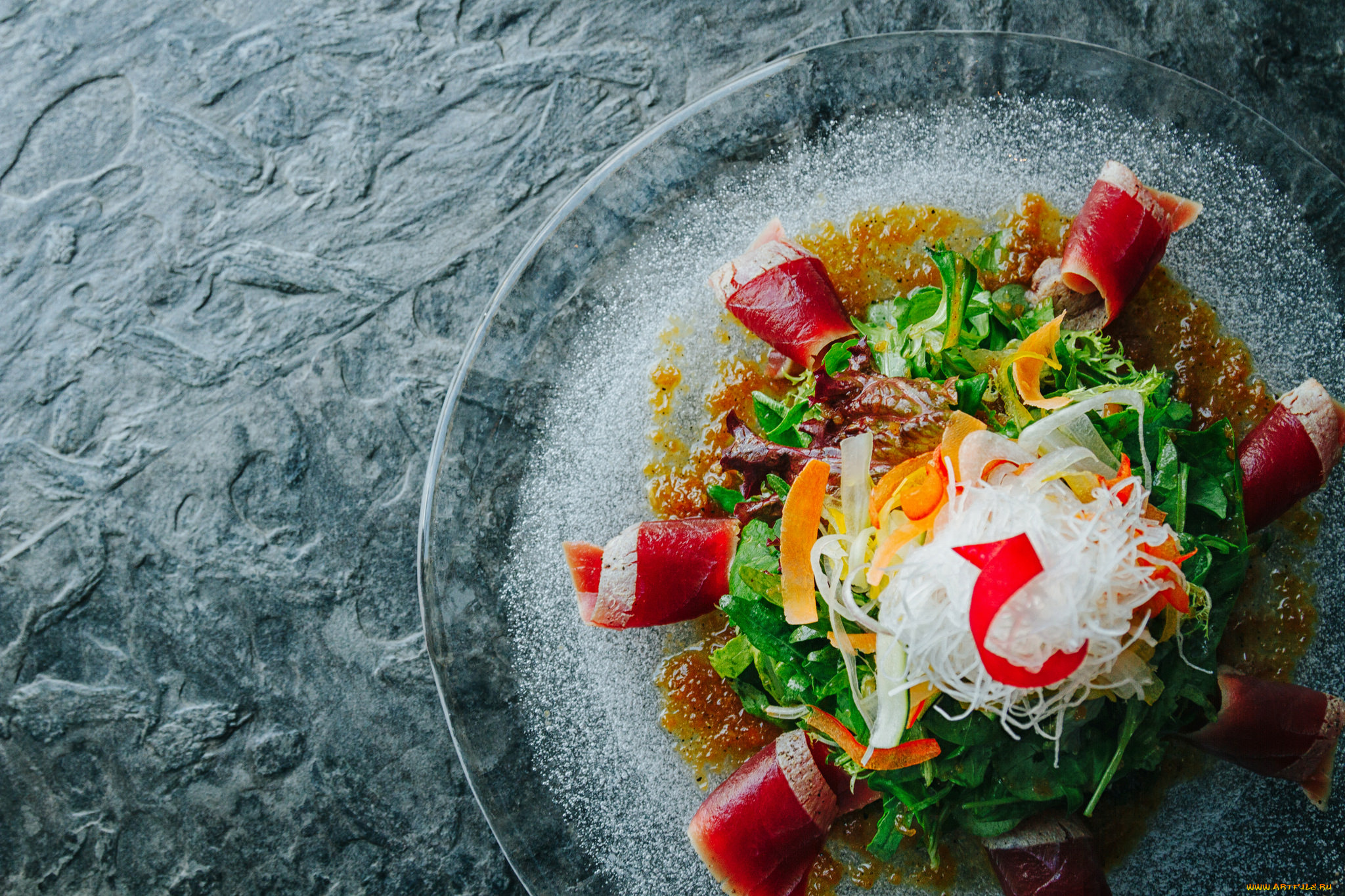 еда, салаты, , закуски, зелень, салат, бекон, лапша